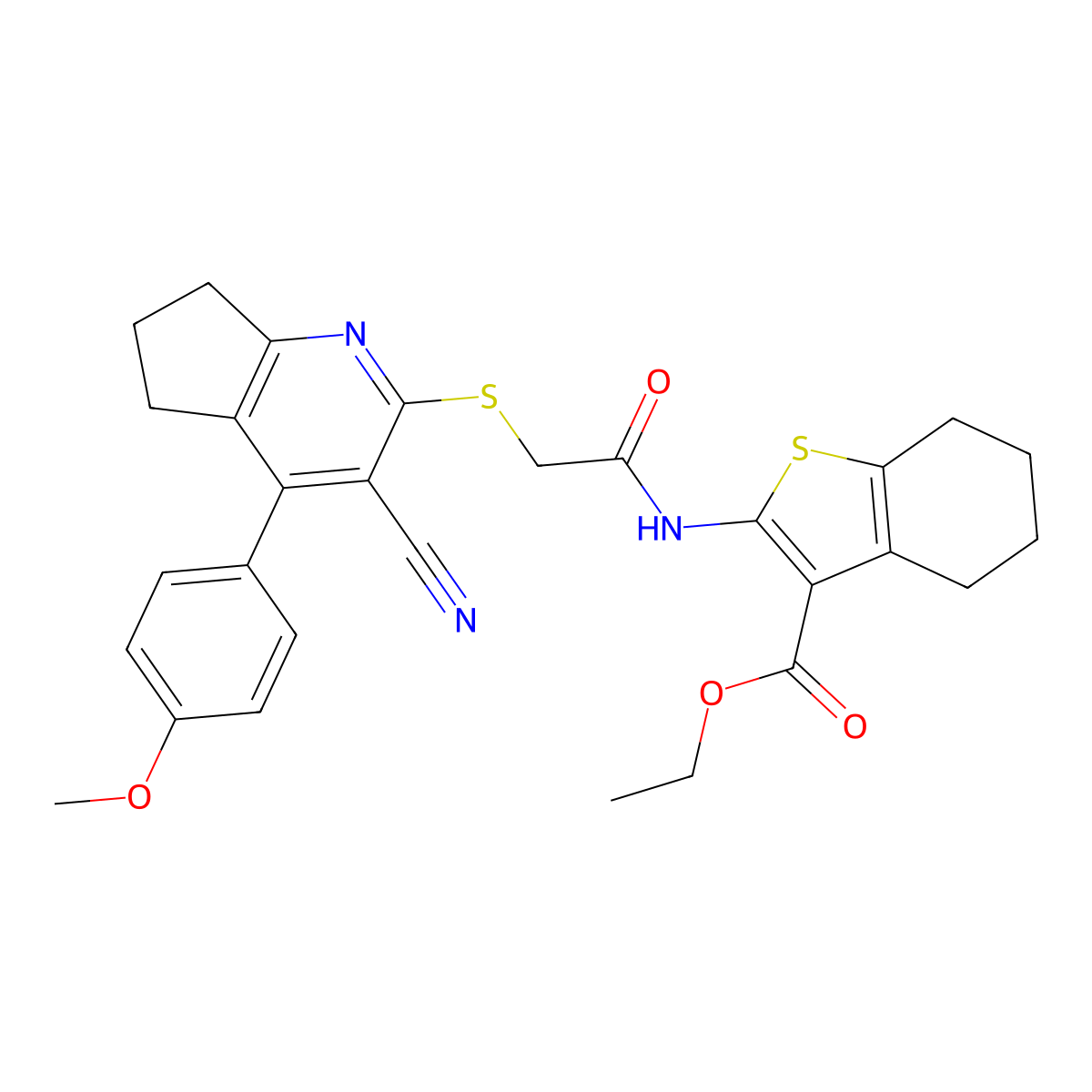 ethyl 2-[[2-[[3-cyano-4-(4-methoxyphenyl)-6,7-dihydro-5H-cyclopenta[b]pyridin-2-yl]sulfanyl]acetyl]amino]-4,5,6,7-tetrahydro-1-benzothiophene-3-carboxylate molecular structure, CAS 445383-59-5