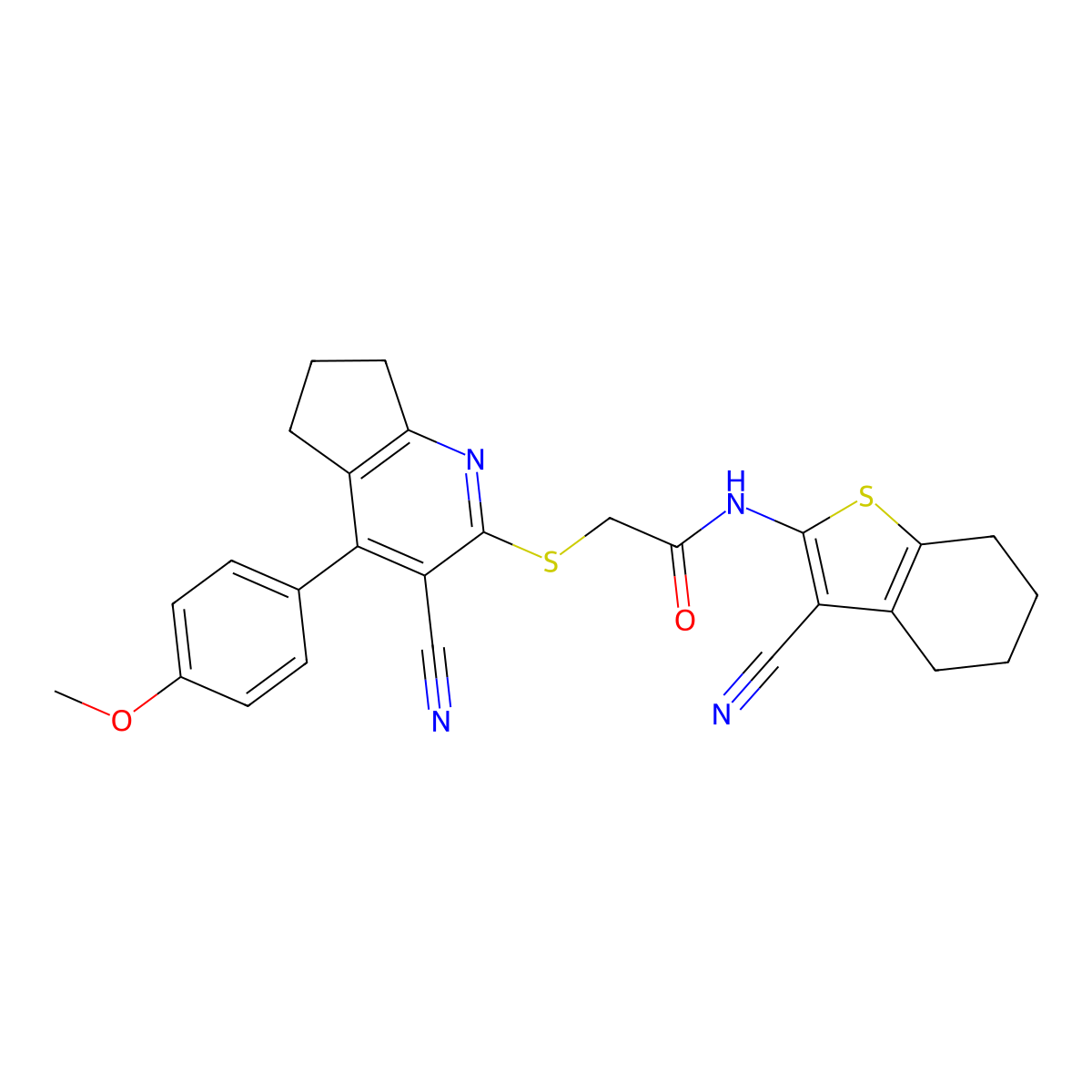 2-[[3-cyano-4-(4-methoxyphenyl)-6,7-dihydro-5H-cyclopenta[b]pyridin-2-yl]sulfanyl]-N-(3-cyano-4,5,6,7-tetrahydro-1-benzothiophen-2-yl)acetamide molecular structure, CAS 445383-60-8