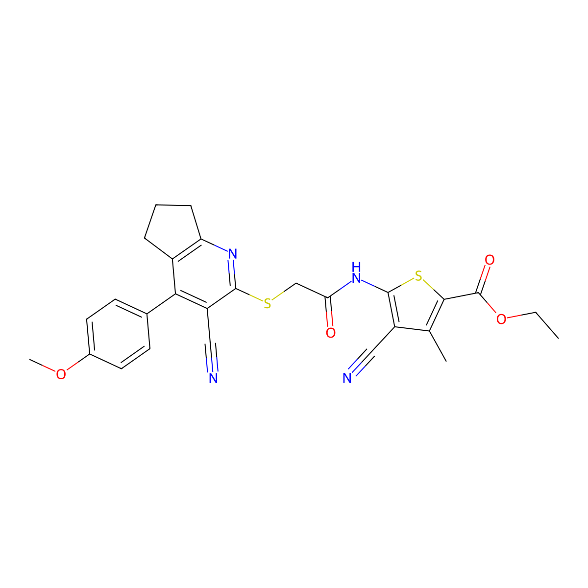 ethyl 4-cyano-5-[[2-[[3-cyano-4-(4-methoxyphenyl)-6,7-dihydro-5H-cyclopenta[b]pyridin-2-yl]sulfanyl]acetyl]amino]-3-methylthiophene-2-carboxylate molecular structure, CAS 445383-61-9