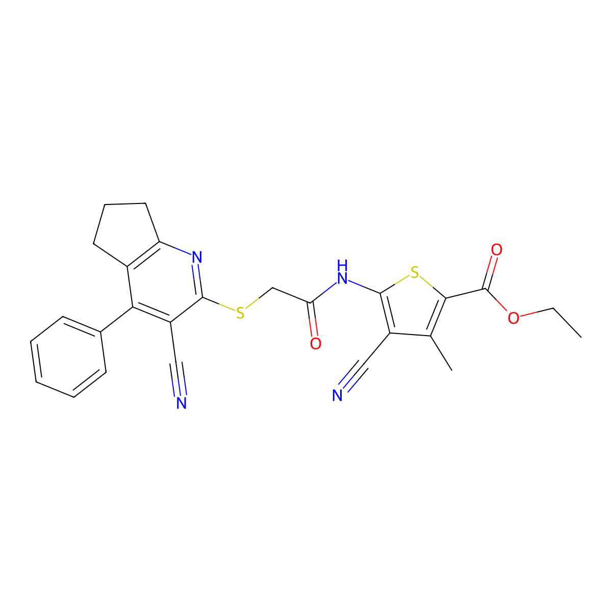 ethyl 4-cyano-5-[[2-[(3-cyano-4-phenyl-6,7-dihydro-5H-cyclopenta[b]pyridin-2-yl)sulfanyl]acetyl]amino]-3-methylthiophene-2-carboxylate molecular structure, CAS 445383-62-0