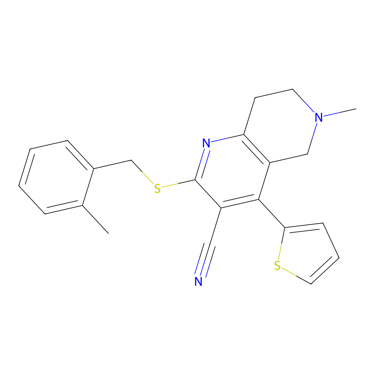 6-Methyl-2-[(2-methylbenzyl)sulfanyl]-4-(2-thienyl)-5,6,7,8-tetrahydro[1,6]naphthyridine-3-carbonitrile molecular structure, CAS 445383-70-0