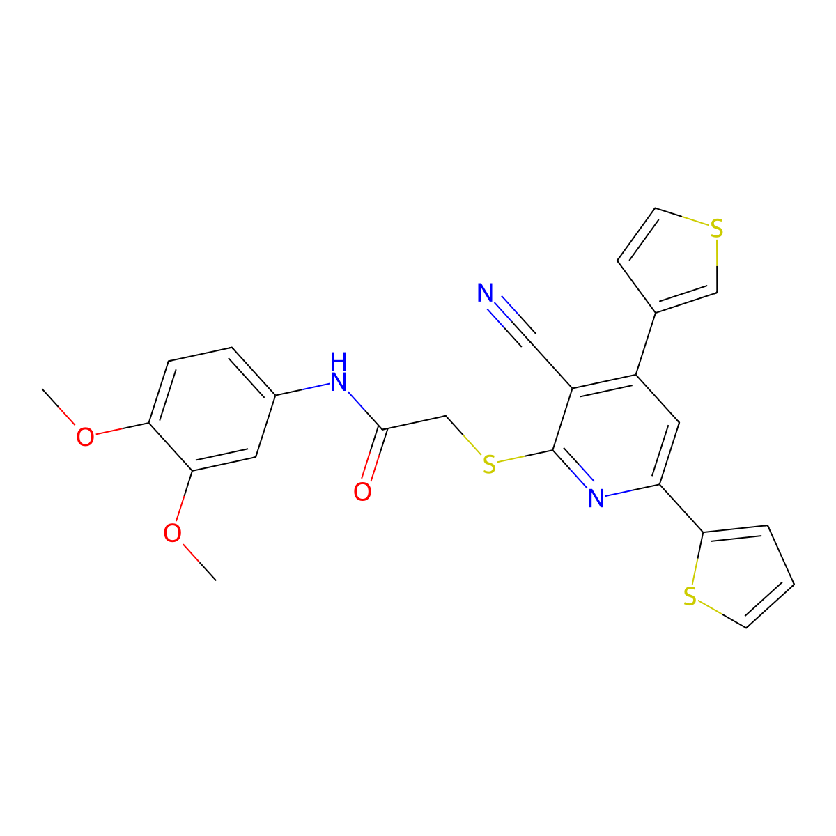 2-(3-cyano-6-thiophen-2-yl-4-thiophen-3-ylpyridin-2-yl)sulfanyl-N-(3,4-dimethoxyphenyl)acetamide molecular structure, CAS 445383-77-7