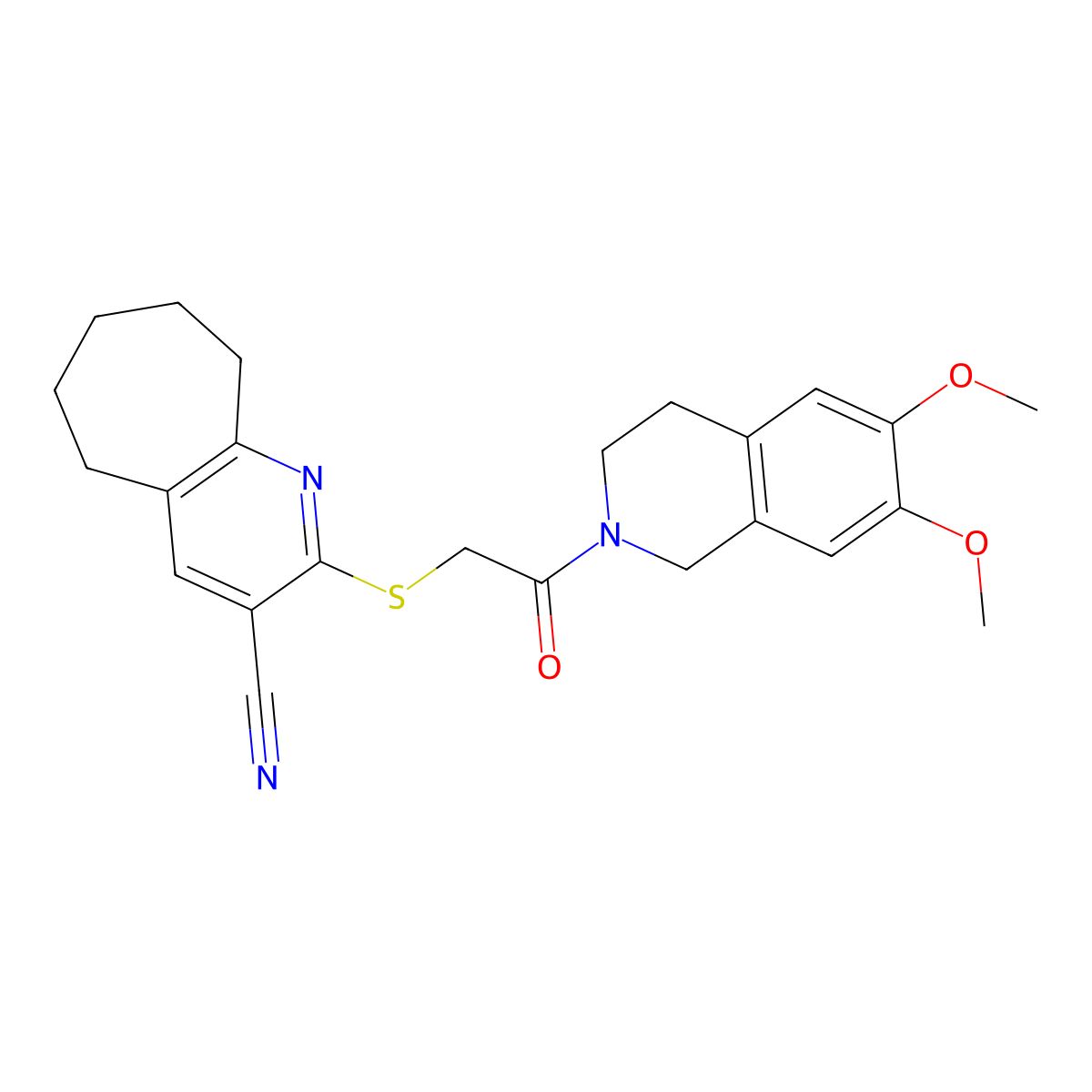 2-{[2-(6,7-dimethoxy-3,4-dihydroisoquinolin-2(1H)-yl)-2-oxoethyl]sulfanyl}-6,7,8,9-tetrahydro-5H-cyclohepta[b]pyridine-3-carbonitrile molecular structure, CAS 445383-85-7