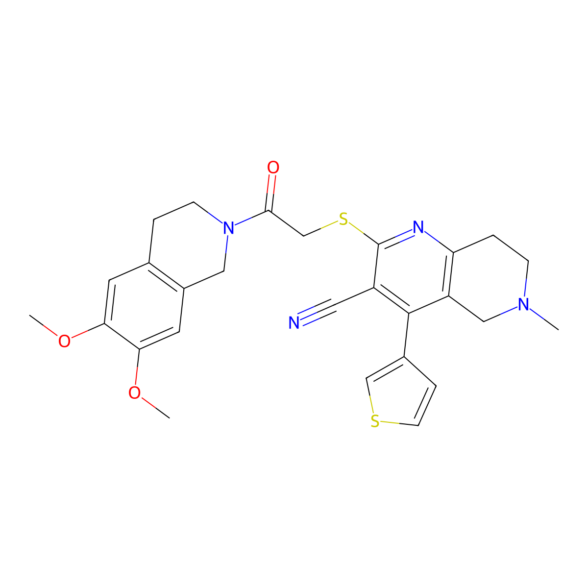 2-[2-(6,7-dimethoxy-3,4-dihydro-1H-isoquinolin-2-yl)-2-oxoethyl]sulfanyl-6-methyl-4-thiophen-3-yl-7,8-dihydro-5H-1,6-naphthyridine-3-carbonitrile molecular structure, CAS 445383-88-0