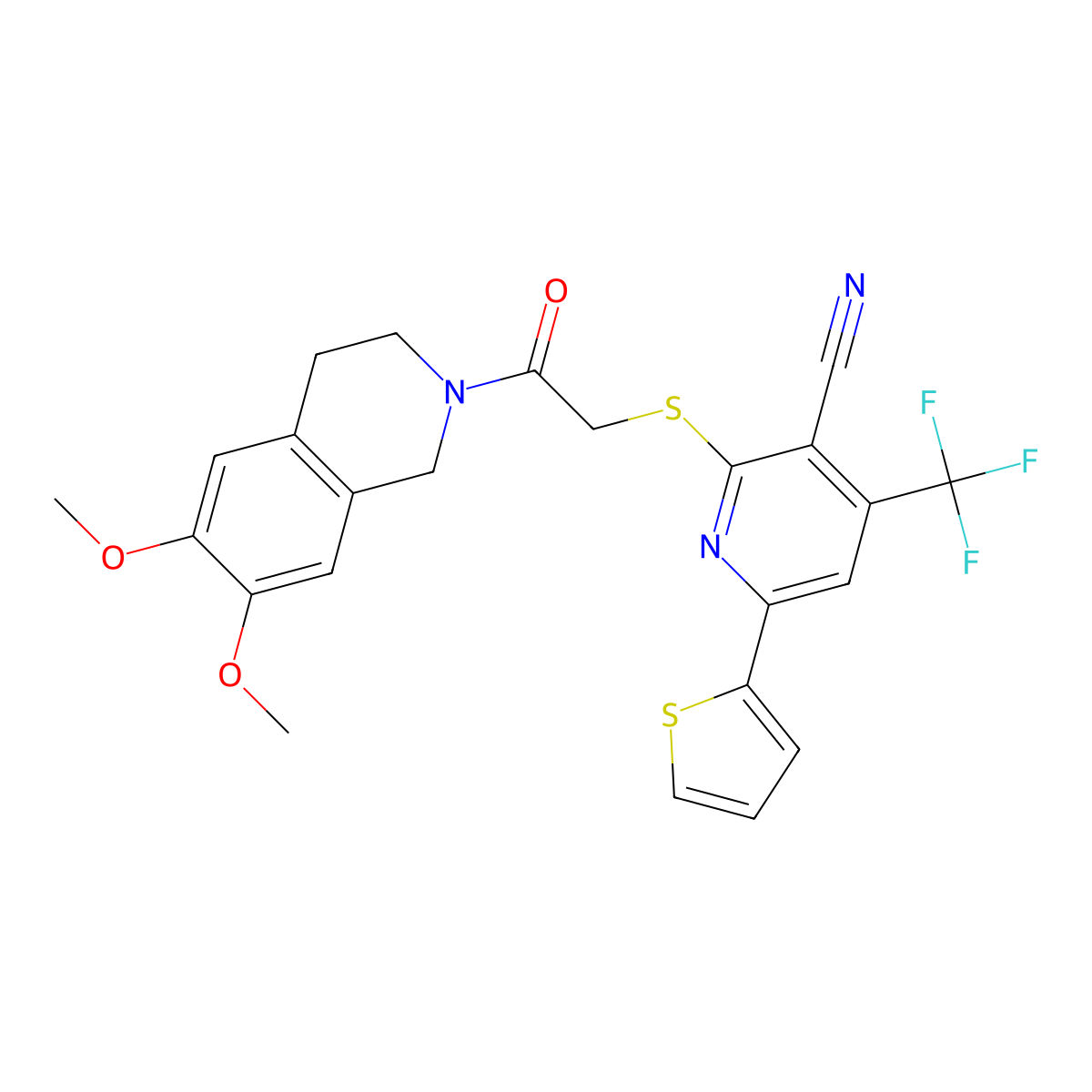 2-[2-(6,7-dimethoxy-3,4-dihydro-1H-isoquinolin-2-yl)-2-oxoethyl]sulfanyl-6-thiophen-2-yl-4-(trifluoromethyl)pyridine-3-carbonitrile molecular structure, CAS 445383-89-1