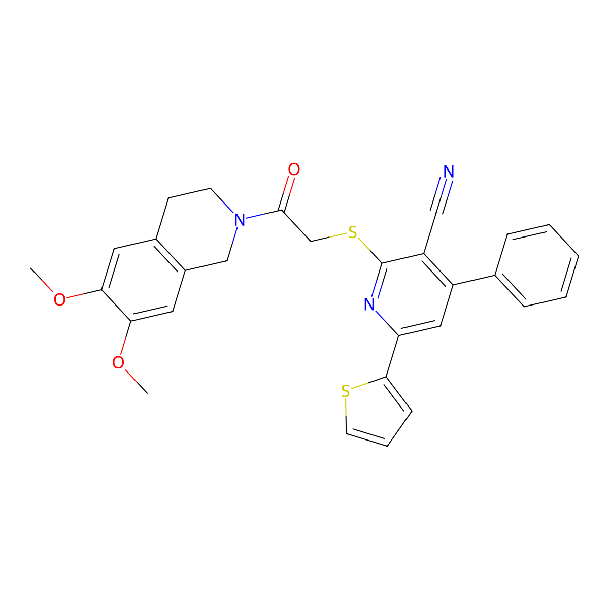 2-[2-(6,7-dimethoxy-3,4-dihydro-1H-isoquinolin-2-yl)-2-oxoethyl]sulfanyl-4-phenyl-6-thiophen-2-ylpyridine-3-carbonitrile molecular structure, CAS 445383-90-4