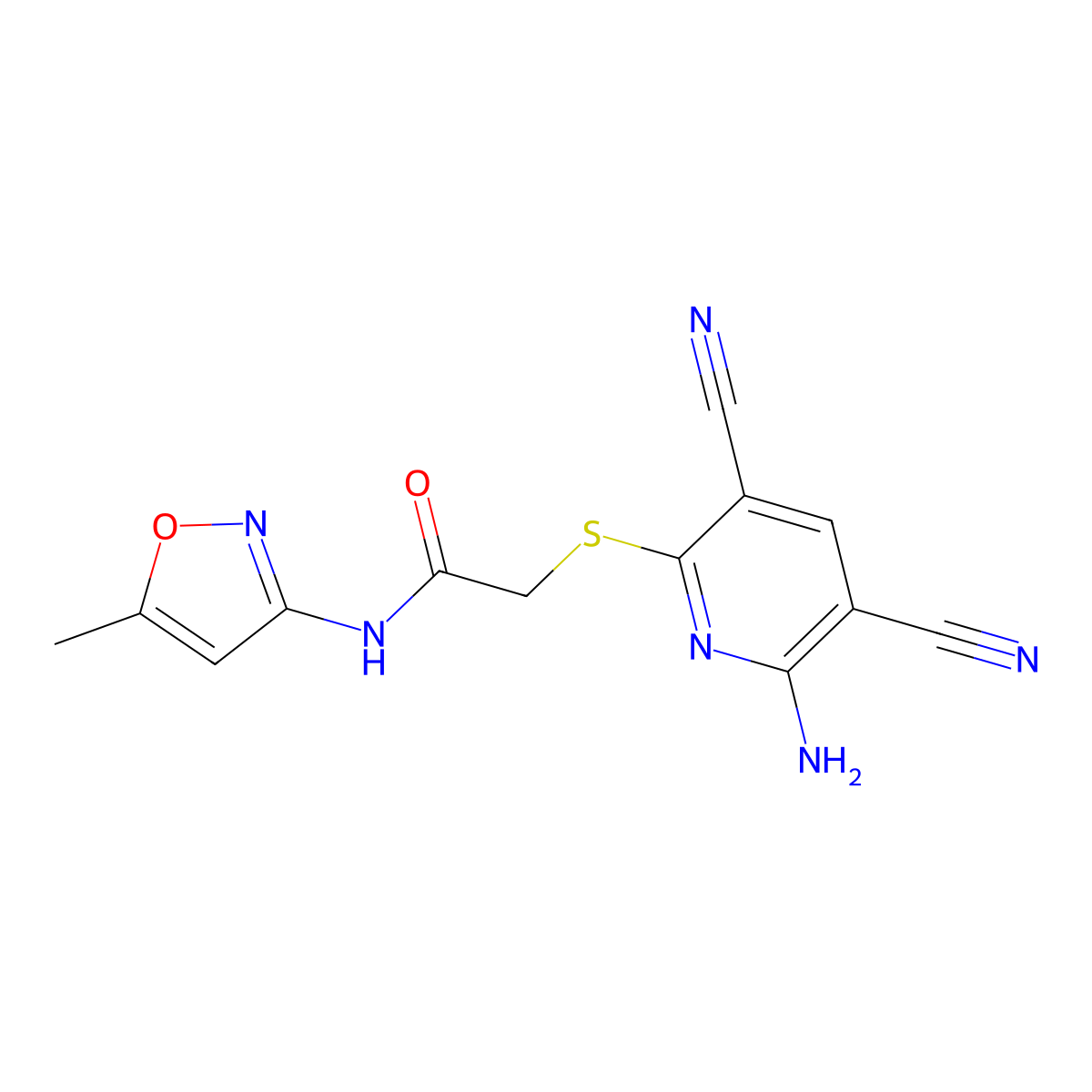 2-[(6-amino-3,5-dicyano-2-pyridinyl)sulfanyl]-N-(5-methyl-3-isoxazolyl)acetamide molecular structure, CAS 445383-92-6