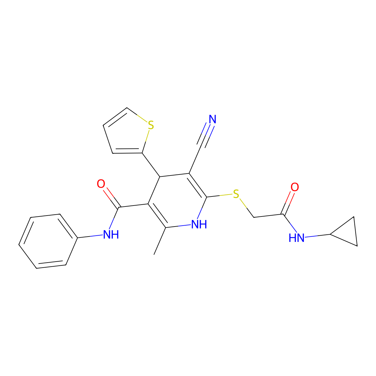 5-cyano-6-[2-(cyclopropylamino)-2-oxoethyl]sulfanyl-2-methyl-N-phenyl-4-thiophen-2-yl-1,4-dihydropyridine-3-carboxamide molecular structure, CAS 445383-96-0
