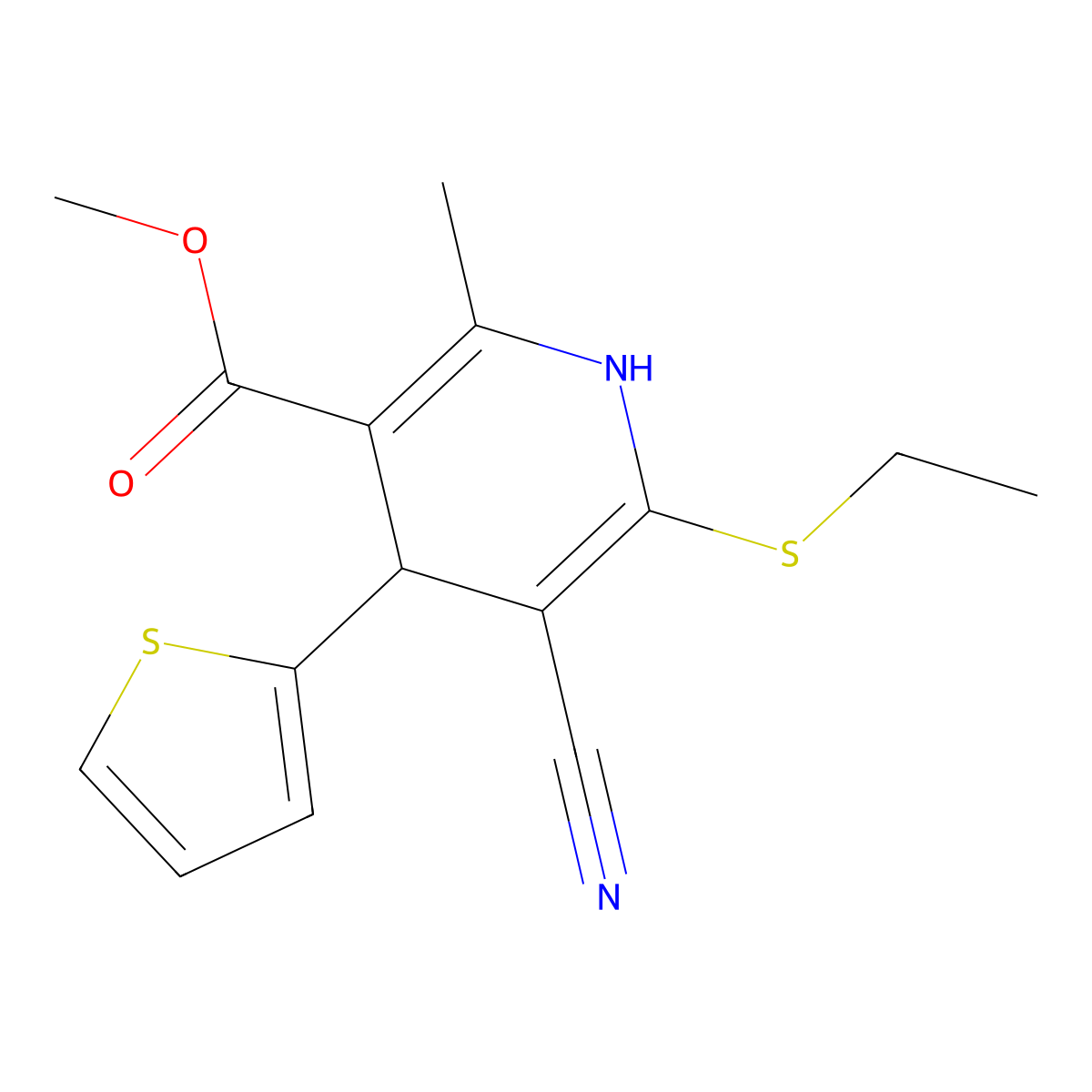 Methyl 5-cyano-6-ethylsulfanyl-2-methyl-4-thiophen-2-yl-1,4-dihydropyridine-3-carboxylate molecular structure, CAS 445383-98-2