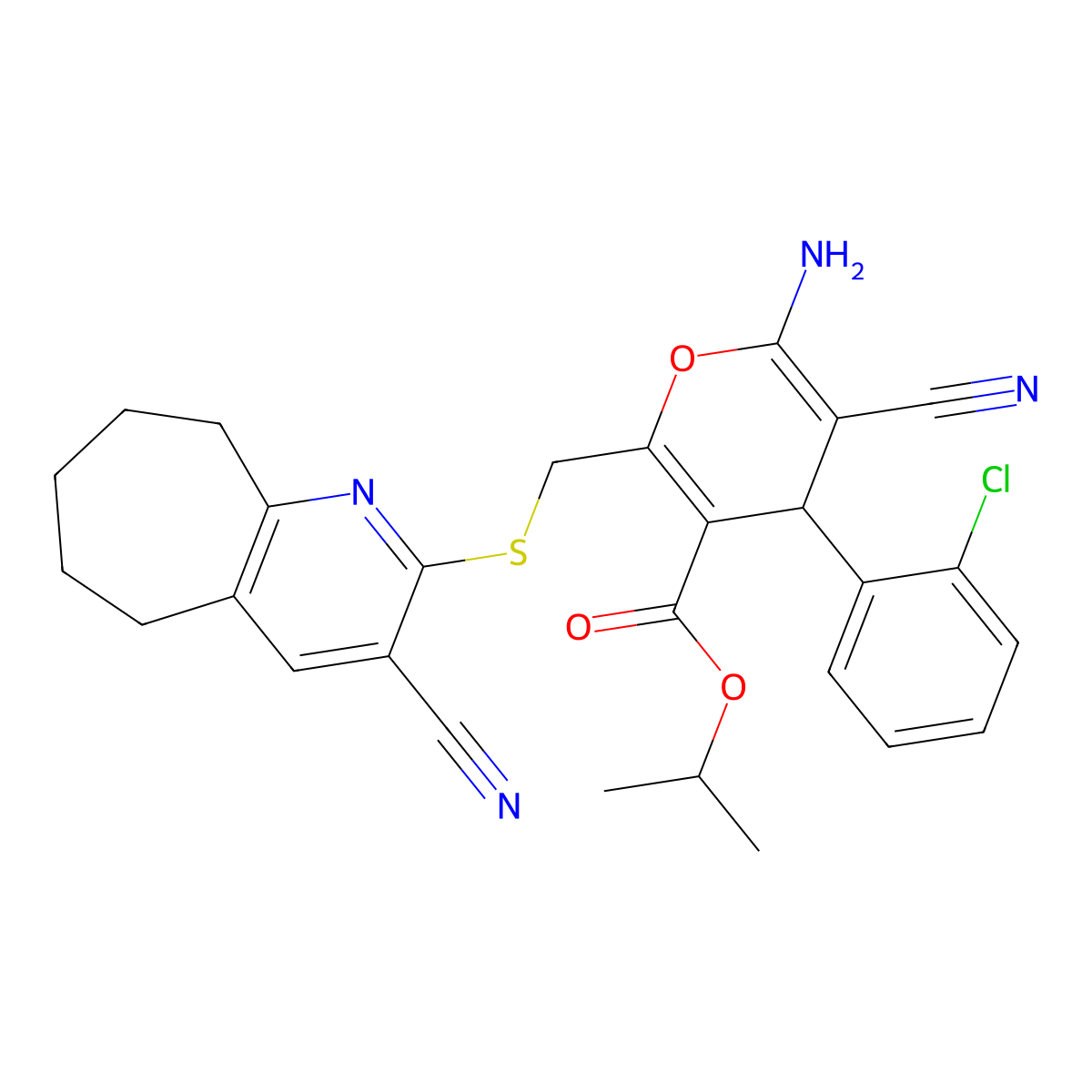 propan-2-yl 6-amino-4-(2-chlorophenyl)-5-cyano-2-[(3-cyano-6,7,8,9-tetrahydro-5H-cyclohepta[b]pyridin-2-yl)sulfanylmethyl]-4H-pyran-3-carboxylate molecular structure, CAS 445384-05-4