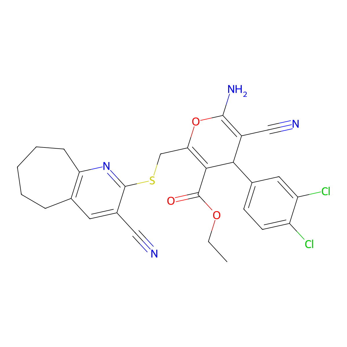 ethyl 6-amino-5-cyano-2-[(3-cyano-6,7,8,9-tetrahydro-5H-cyclohepta[b]pyridin-2-yl)sulfanylmethyl]-4-(3,4-dichlorophenyl)-4H-pyran-3-carboxylate molecular structure, CAS 445384-07-6