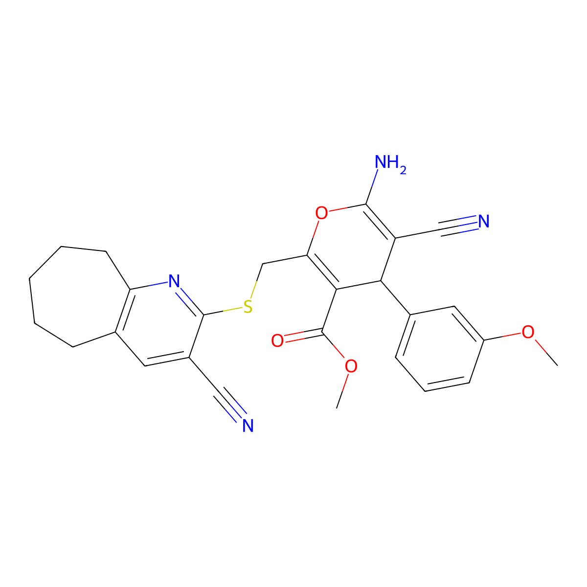 methyl 6-amino-5-cyano-2-[(3-cyano-6,7,8,9-tetrahydro-5H-cyclohepta[b]pyridin-2-yl)sulfanylmethyl]-4-(3-methoxyphenyl)-4H-pyran-3-carboxylate molecular structure, CAS 445384-08-7