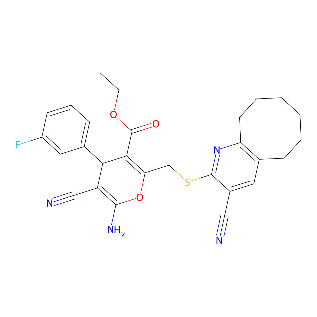 ethyl 6-amino-5-cyano-2-[(3-cyano-5,6,7,8,9,10-hexahydrocycloocta[b]pyridin-2-yl)sulfanylmethyl]-4-(3-fluorophenyl)-4H-pyran-3-carboxylate molecular structure, CAS 445384-10-1