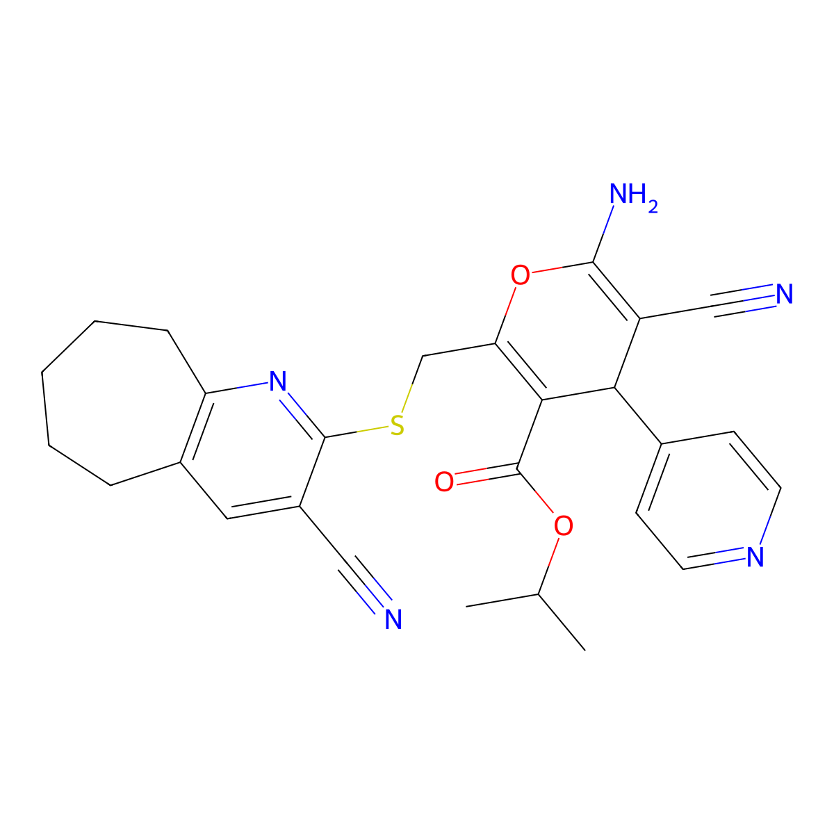propan-2-yl 6-amino-5-cyano-2-[(3-cyano-6,7,8,9-tetrahydro-5H-cyclohepta[b]pyridin-2-yl)sulfanylmethyl]-4-pyridin-4-yl-4H-pyran-3-carboxylate molecular structure, CAS 445384-11-2