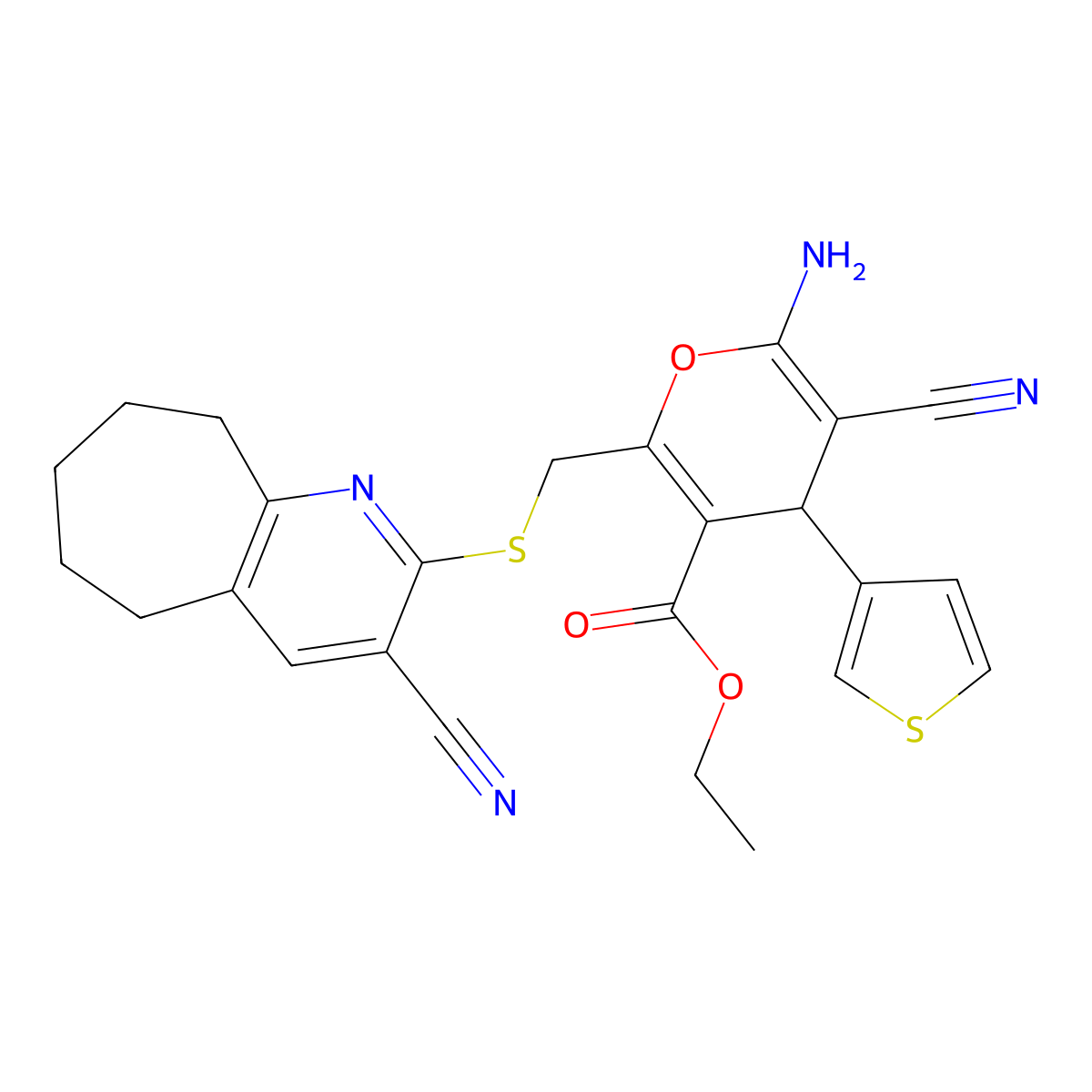 ethyl 6-amino-5-cyano-2-[(3-cyano-6,7,8,9-tetrahydro-5H-cyclohepta[b]pyridin-2-yl)sulfanylmethyl]-4-thiophen-3-yl-4H-pyran-3-carboxylate molecular structure, CAS 445384-12-3