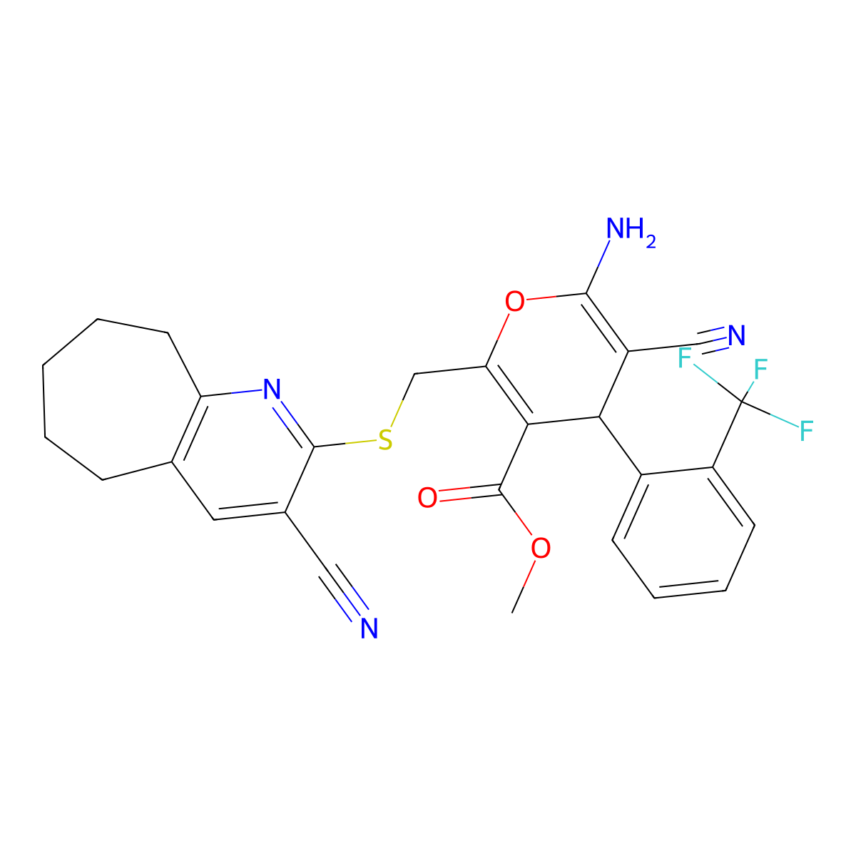 methyl 6-amino-5-cyano-2-[(3-cyano-6,7,8,9-tetrahydro-5H-cyclohepta[b]pyridin-2-yl)sulfanylmethyl]-4-[2-(trifluoromethyl)phenyl]-4H-pyran-3-carboxylate molecular structure, CAS 445384-13-4