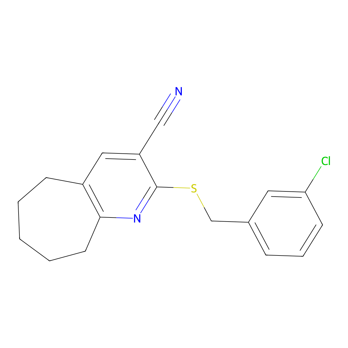 2-[(3-chlorobenzyl)sulfanyl]-6,7,8,9-tetrahydro-5H-cyclohepta[b]pyridine-3-carbonitrile molecular structure, CAS 445384-15-6