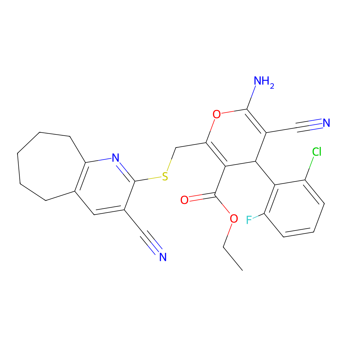 ethyl 6-amino-4-(2-chloro-6-fluorophenyl)-5-cyano-2-[(3-cyano-6,7,8,9-tetrahydro-5H-cyclohepta[b]pyridin-2-yl)sulfanylmethyl]-4H-pyran-3-carboxylate molecular structure, CAS 445384-30-5