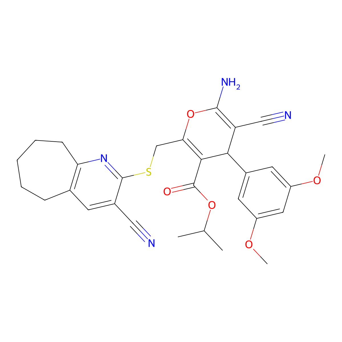 propan-2-yl 6-amino-5-cyano-2-[(3-cyano-6,7,8,9-tetrahydro-5H-cyclohepta[b]pyridin-2-yl)sulfanylmethyl]-4-(3,5-dimethoxyphenyl)-4H-pyran-3-carboxylate molecular structure, CAS 445384-31-6