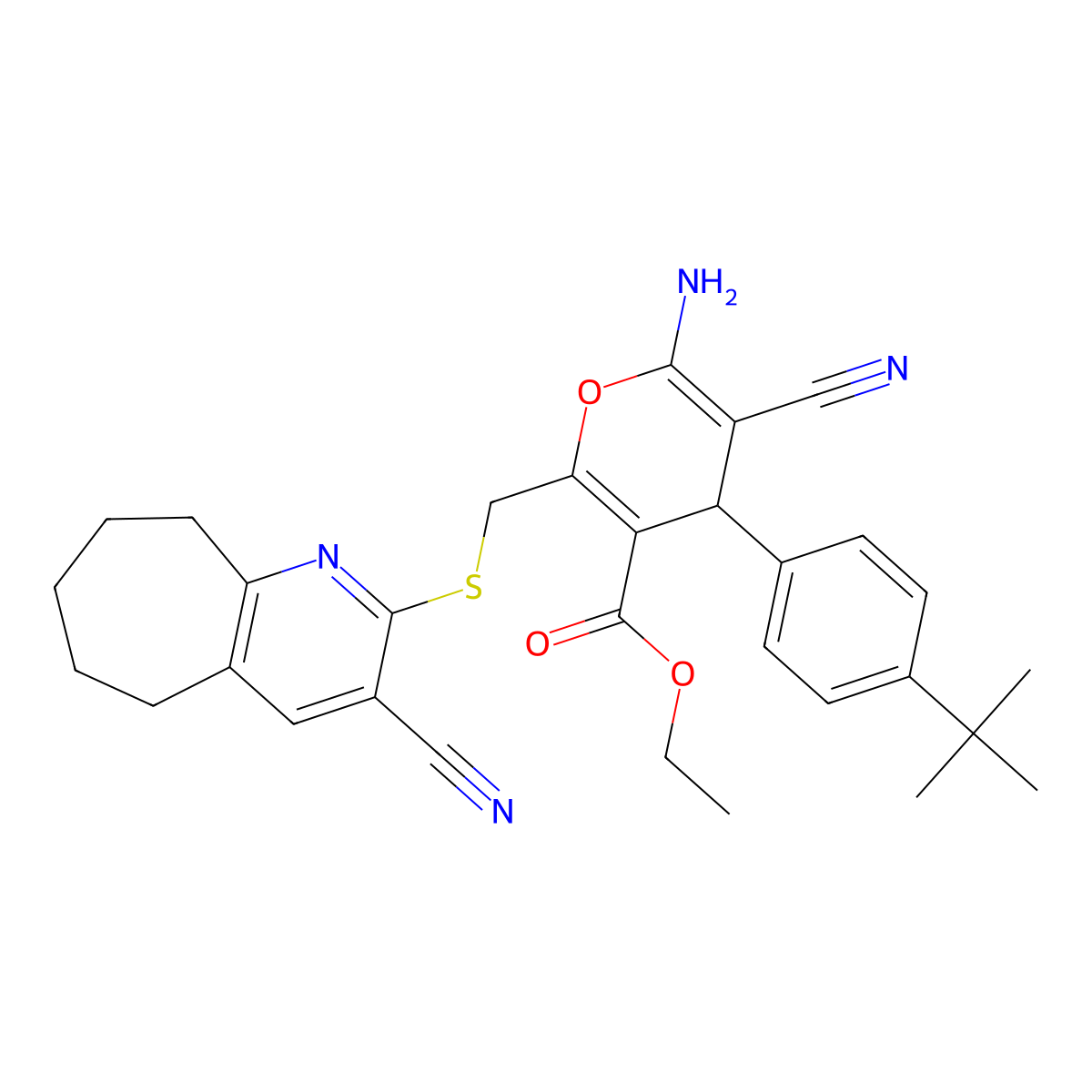 ethyl 6-amino-4-(4-tert-butylphenyl)-5-cyano-2-[(3-cyano-6,7,8,9-tetrahydro-5H-cyclohepta[b]pyridin-2-yl)sulfanylmethyl]-4H-pyran-3-carboxylate molecular structure, CAS 445384-33-8