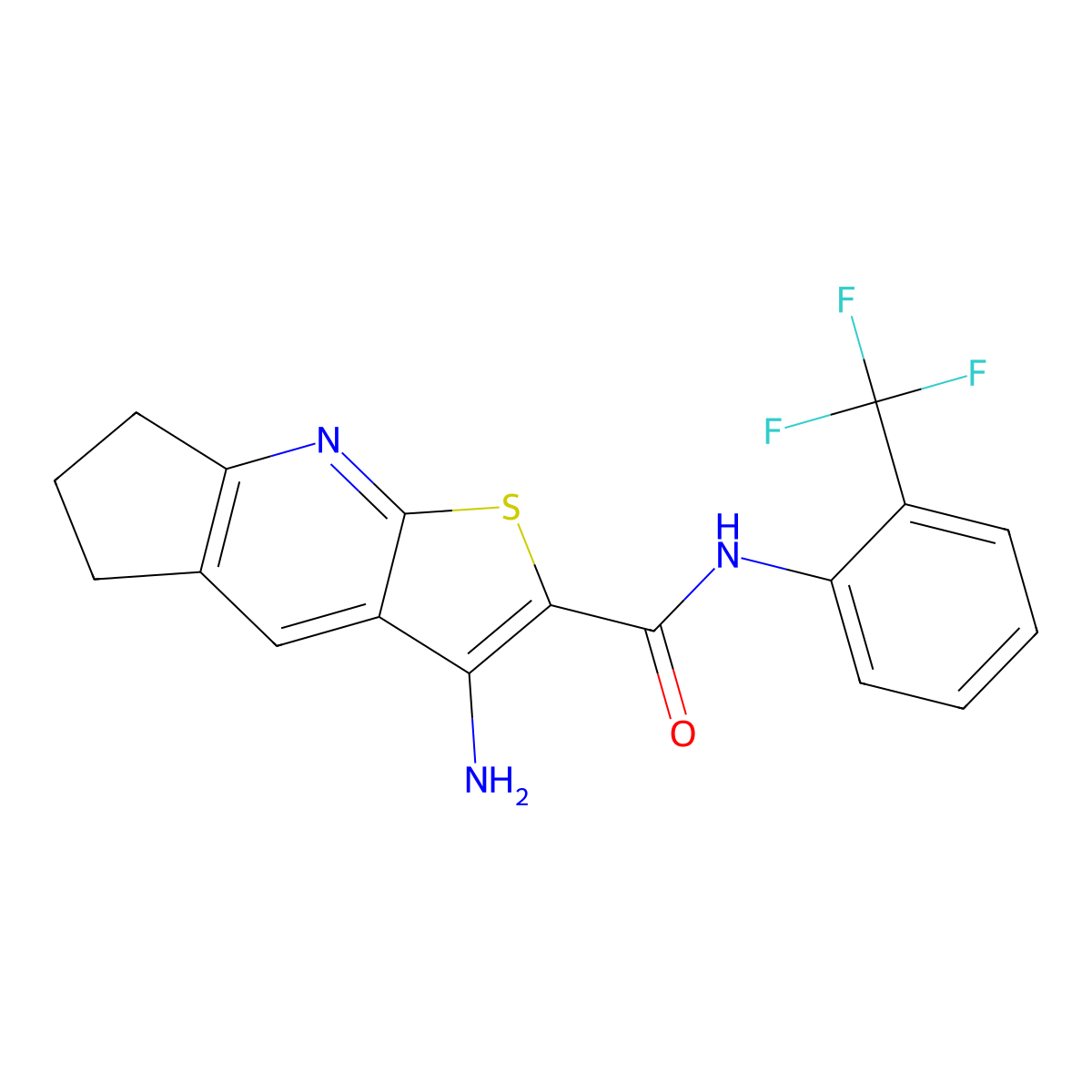 3-amino-N-[2-(trifluoromethyl)phenyl]-6,7-dihydro-5H-cyclopenta[b]thieno[3,2-e]pyridine-2-carboxamide molecular structure, CAS 445384-37-2