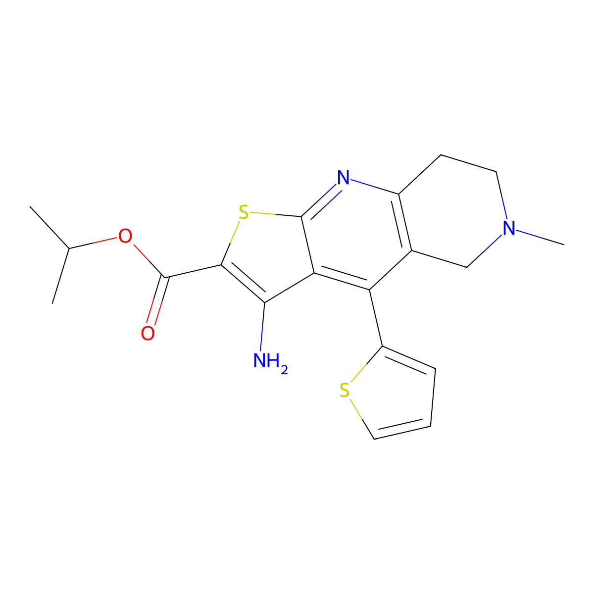 Isopropyl 3-amino-6-methyl-4-(2-thienyl)-5,6,7,8-tetrahydrothieno[2,3-b][1,6]naphthyridine-2-carboxylate molecular structure, CAS 445384-47-4
