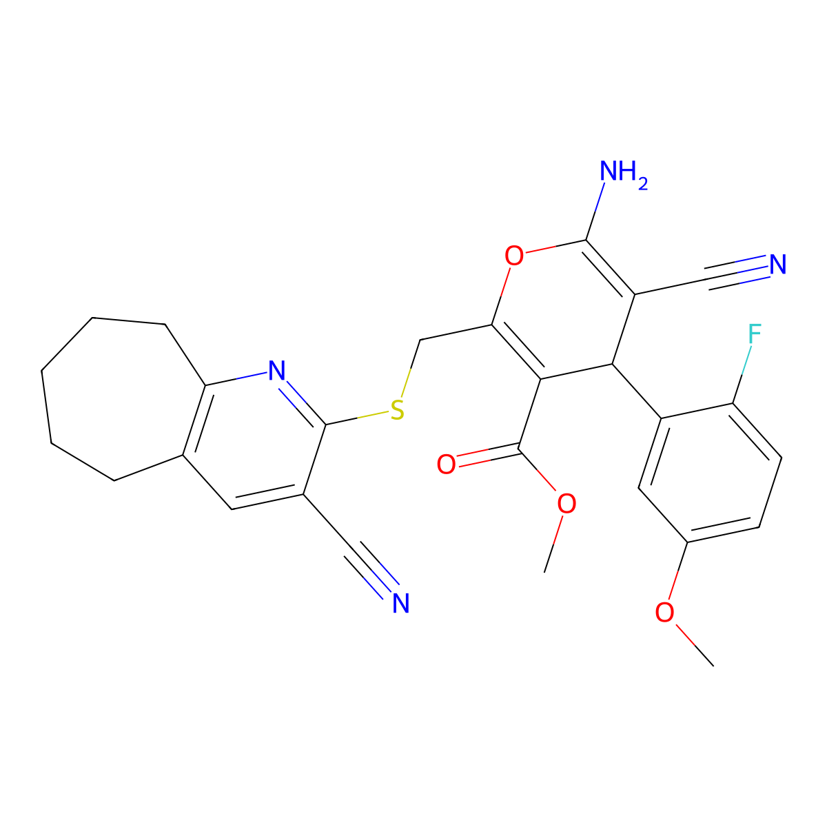 methyl 6-amino-5-cyano-2-{[(3-cyano-6,7,8,9-tetrahydro-5H-cyclohepta[b]pyridin-2-yl)sulfanyl]methyl}-4-(2-fluoro-5-methoxyphenyl)-4H-pyran-3-carboxylate molecular structure, CAS 445384-60-1