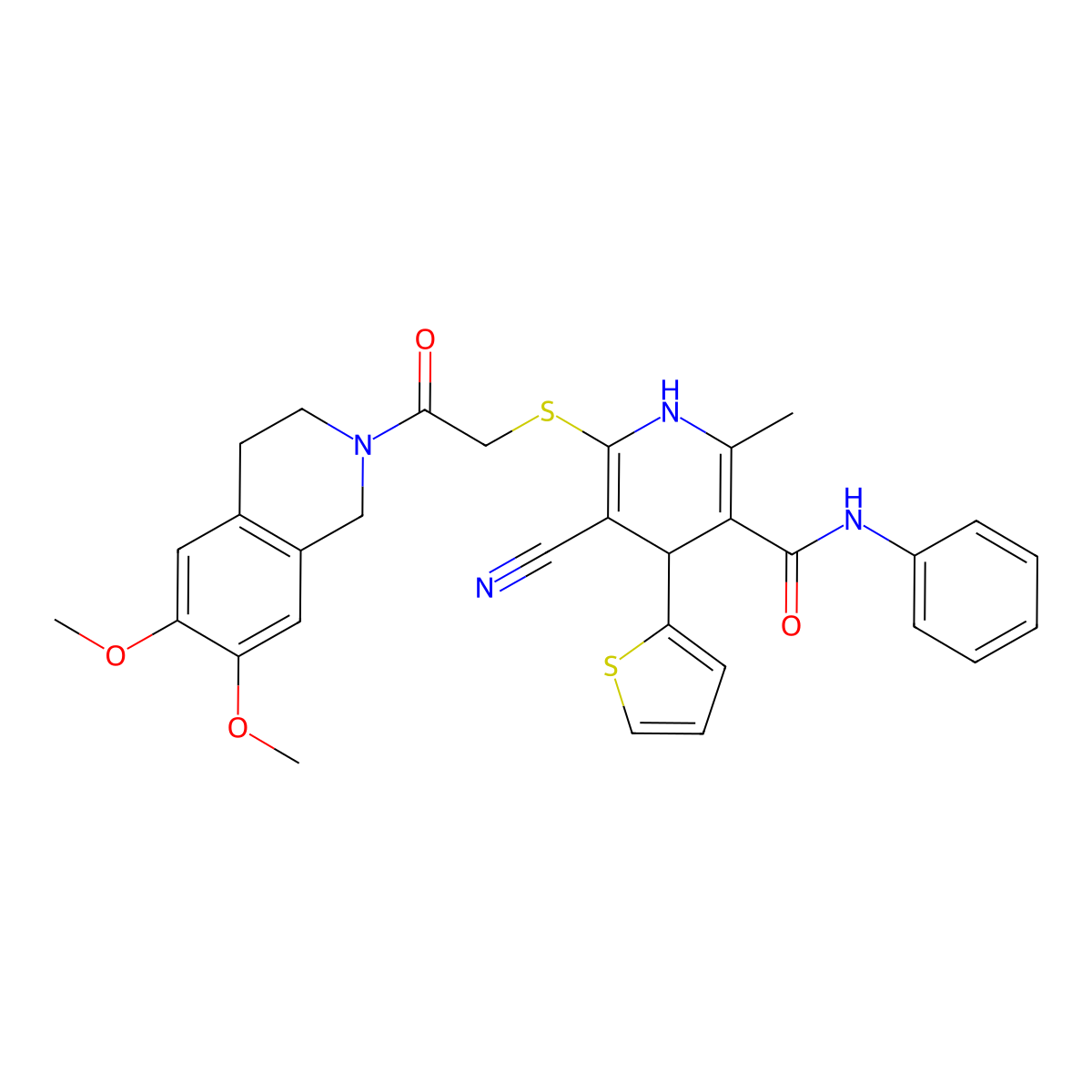 5-cyano-6-[2-(6,7-dimethoxy-3,4-dihydro-1H-isoquinolin-2-yl)-2-oxoethyl]sulfanyl-2-methyl-N-phenyl-4-thiophen-2-yl-1,4-dihydropyridine-3-carboxamide molecular structure, CAS 445384-66-7