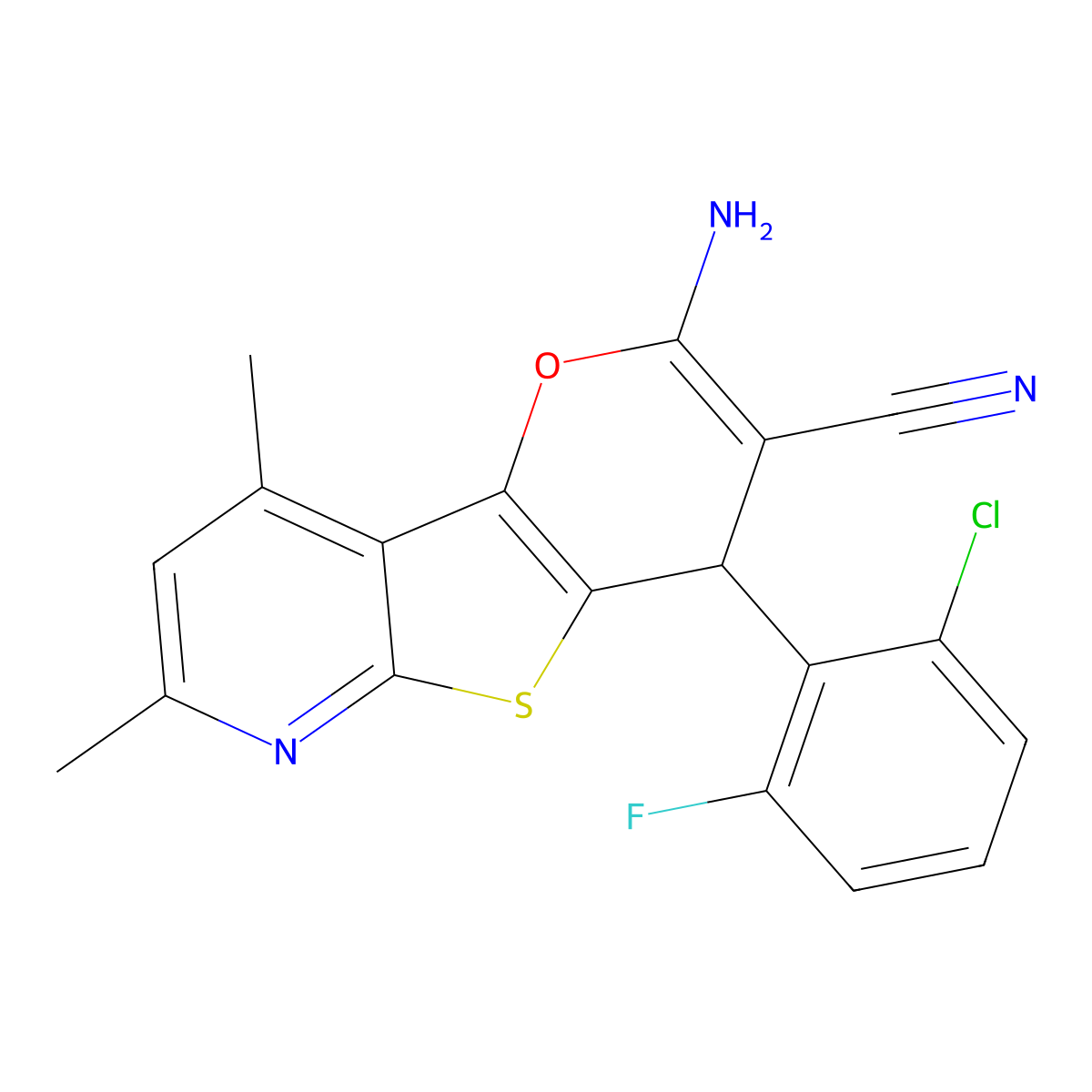 2-amino-4-(2-chloro-6-fluorophenyl)-7,9-dimethyl-4H-pyrano[2',3':4,5]thieno[2,3-b]pyridine-3-carbonitrile molecular structure, CAS 445384-67-8
