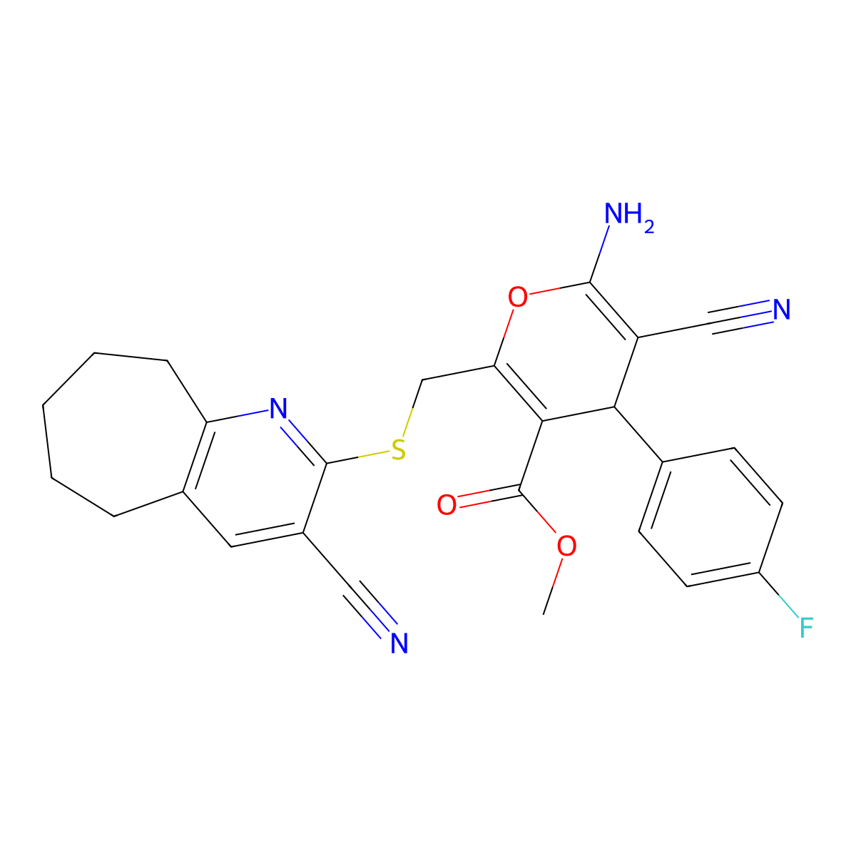 methyl 6-amino-5-cyano-2-[(3-cyano-6,7,8,9-tetrahydro-5H-cyclohepta[b]pyridin-2-yl)sulfanylmethyl]-4-(4-fluorophenyl)-4H-pyran-3-carboxylate molecular structure, CAS 445384-74-7