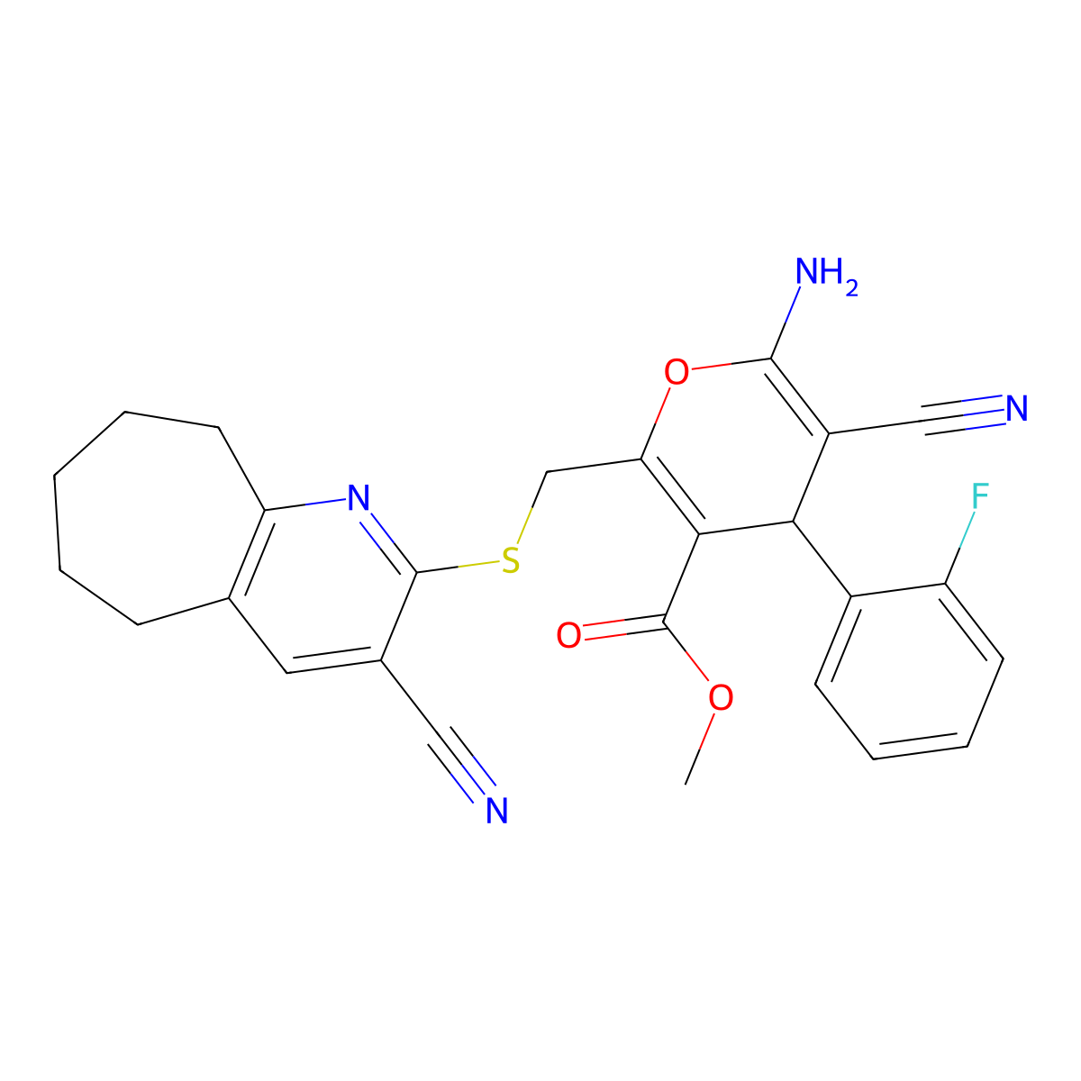 methyl 6-amino-5-cyano-2-[(3-cyano-6,7,8,9-tetrahydro-5H-cyclohepta[b]pyridin-2-yl)sulfanylmethyl]-4-(2-fluorophenyl)-4H-pyran-3-carboxylate molecular structure, CAS 445384-79-2