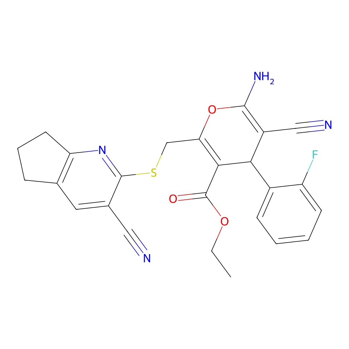 ethyl 6-amino-5-cyano-2-[(3-cyano-6,7-dihydro-5H-cyclopenta[b]pyridin-2-yl)sulfanylmethyl]-4-(2-fluorophenyl)-4H-pyran-3-carboxylate molecular structure, CAS 445384-80-5