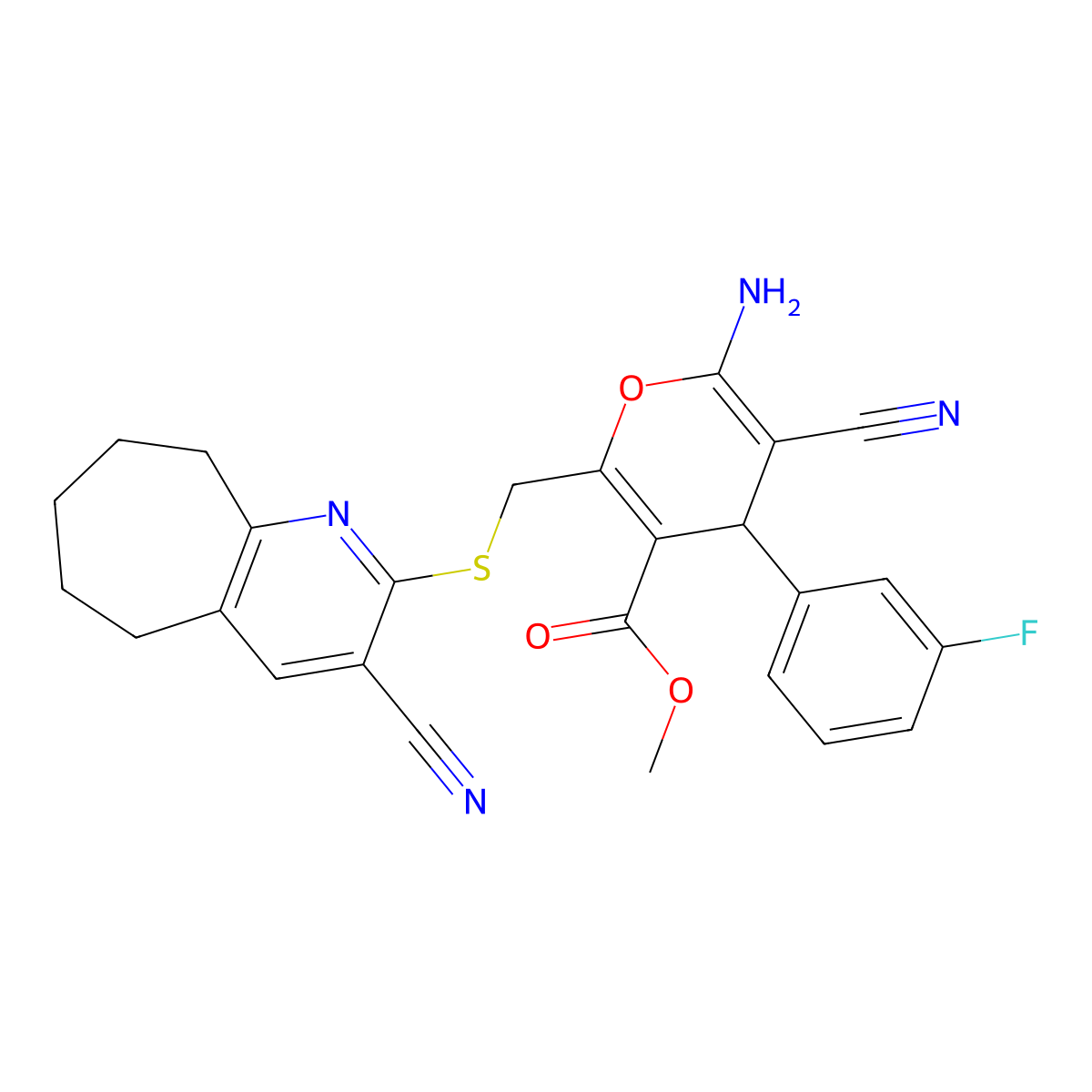 methyl 6-amino-5-cyano-2-[(3-cyano-6,7,8,9-tetrahydro-5H-cyclohepta[b]pyridin-2-yl)sulfanylmethyl]-4-(3-fluorophenyl)-4H-pyran-3-carboxylate molecular structure, CAS 445384-81-6