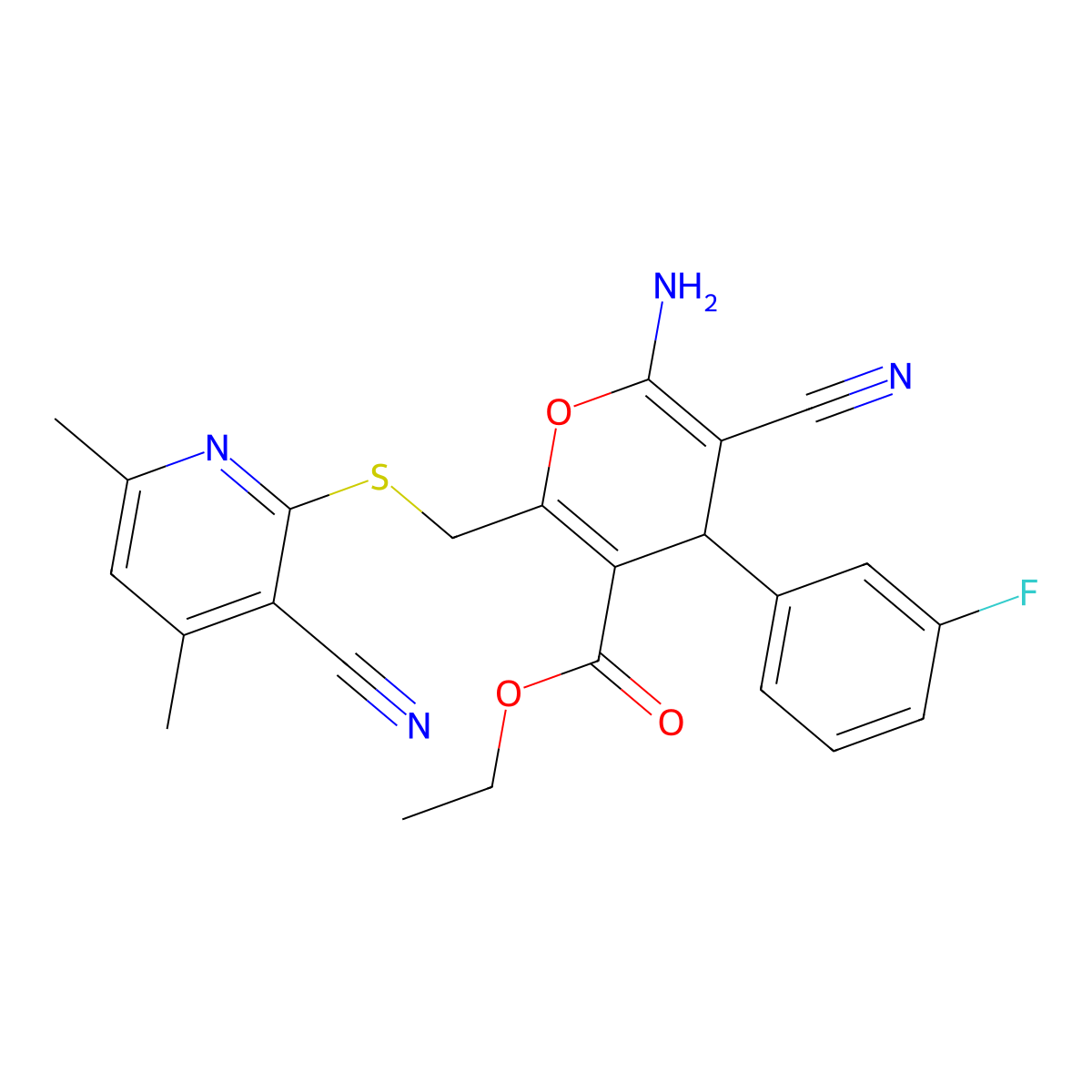 ethyl 6-amino-5-cyano-2-[(3-cyano-4,6-dimethylpyridin-2-yl)sulfanylmethyl]-4-(3-fluorophenyl)-4H-pyran-3-carboxylate molecular structure, CAS 445384-82-7