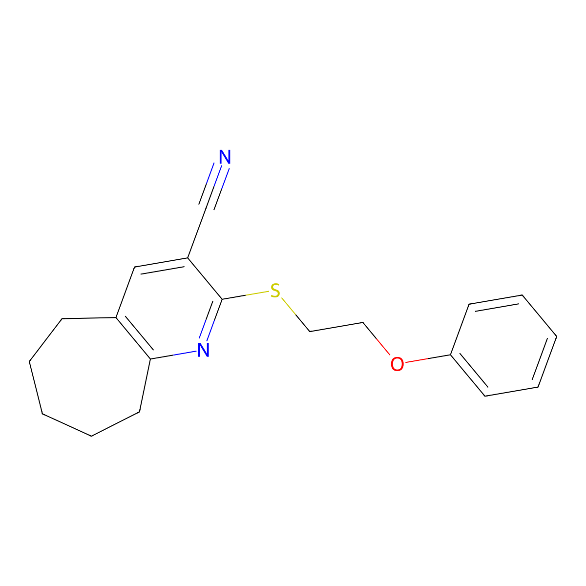2-[(2-phenoxyethyl)sulfanyl]-6,7,8,9-tetrahydro-5H-cyclohepta[b]pyridine-3-carbonitrile molecular structure, CAS 445384-84-9