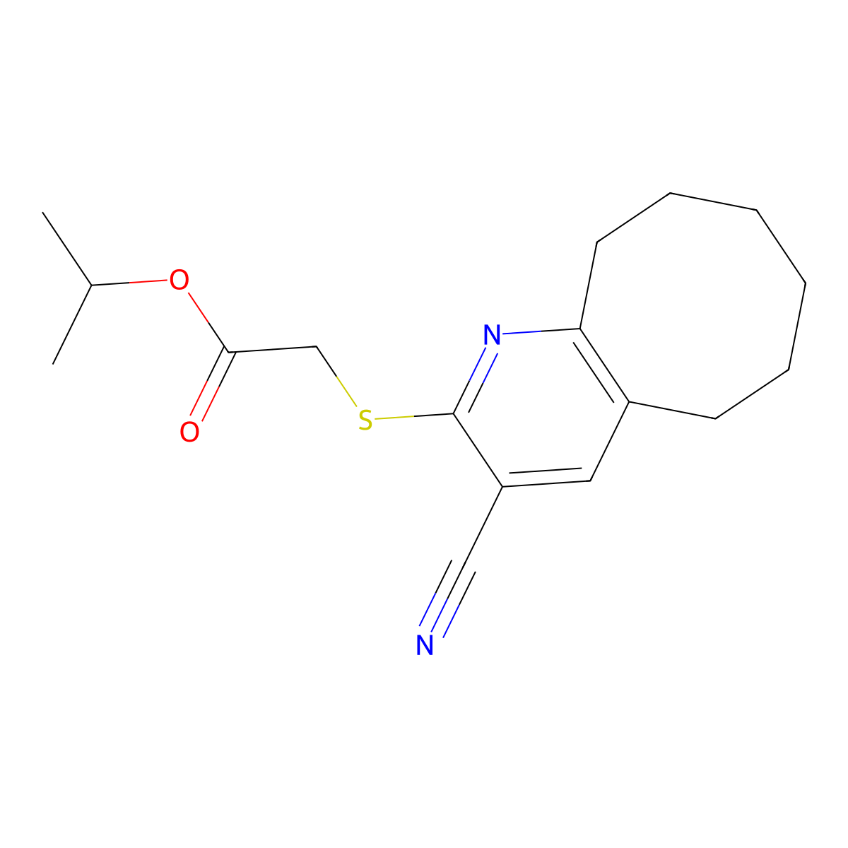 Isopropyl 2-((3-cyano-5,6,7,8,9,10-hexahydrocycloocta[b]pyridin-2-yl)thio)acetate molecular structure, CAS 445384-86-1