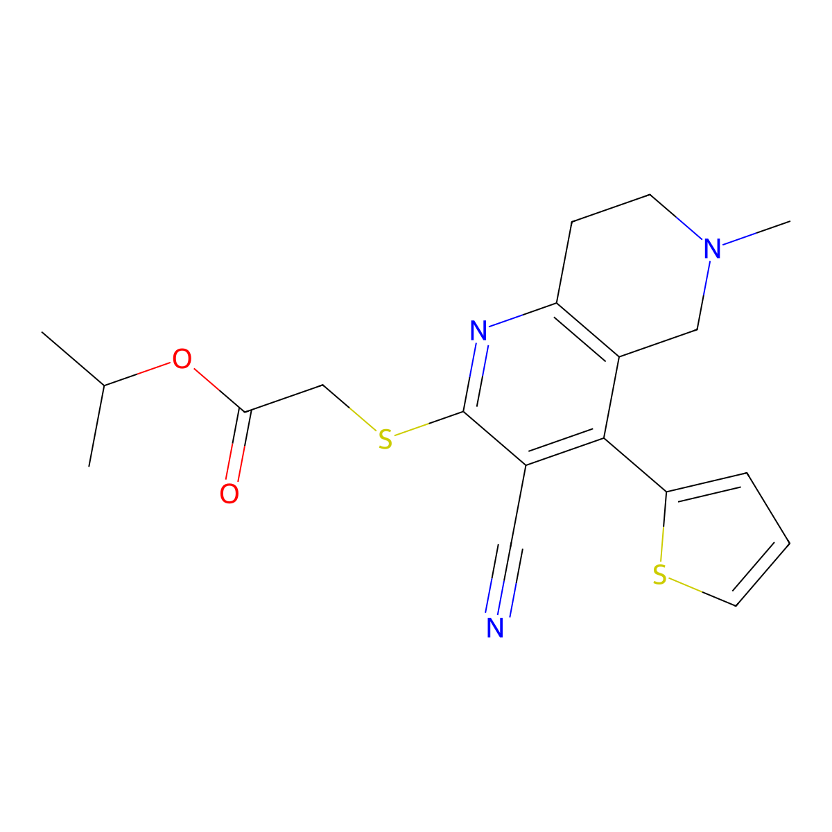 propan-2-yl 2-[(3-cyano-6-methyl-4-thiophen-2-yl-7,8-dihydro-5H-1,6-naphthyridin-2-yl)sulfanyl]acetate molecular structure, CAS 445384-91-8