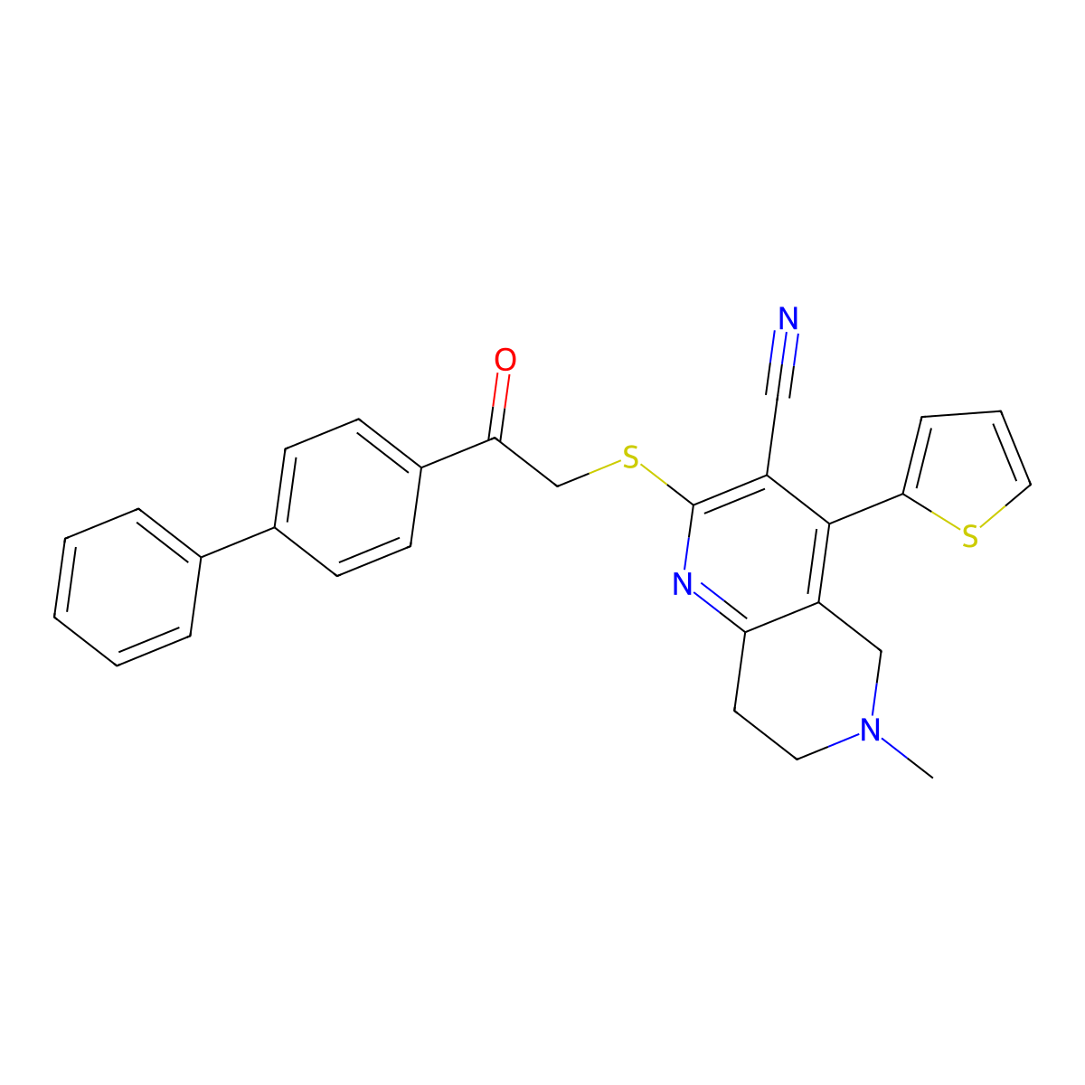 6-methyl-2-[2-oxo-2-(4-phenylphenyl)ethyl]sulfanyl-4-thiophen-2-yl-7,8-dihydro-5H-1,6-naphthyridine-3-carbonitrile molecular structure, CAS 445384-92-9