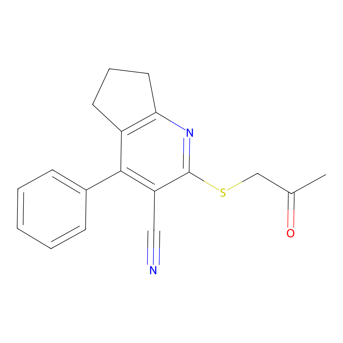 2-(2-oxopropylsulfanyl)-4-phenyl-6,7-dihydro-5H-cyclopenta[b]pyridine-3-carbonitrile molecular structure, CAS 445384-97-4