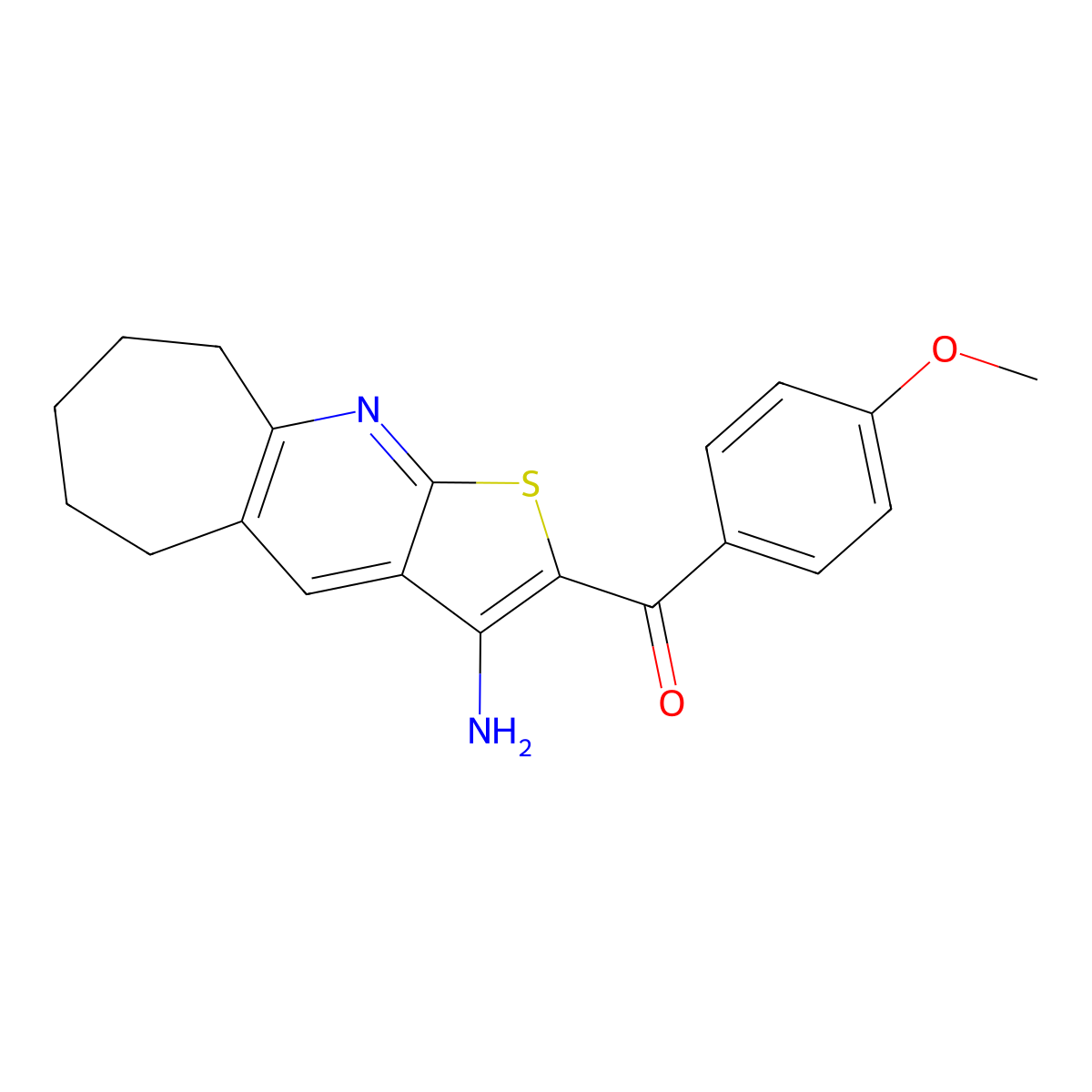 (3-amino-6,7,8,9-tetrahydro-5H-cyclohepta[b]thieno[3,2-e]pyridin-2-yl)(4-methoxyphenyl)methanone molecular structure, CAS 445385-16-0