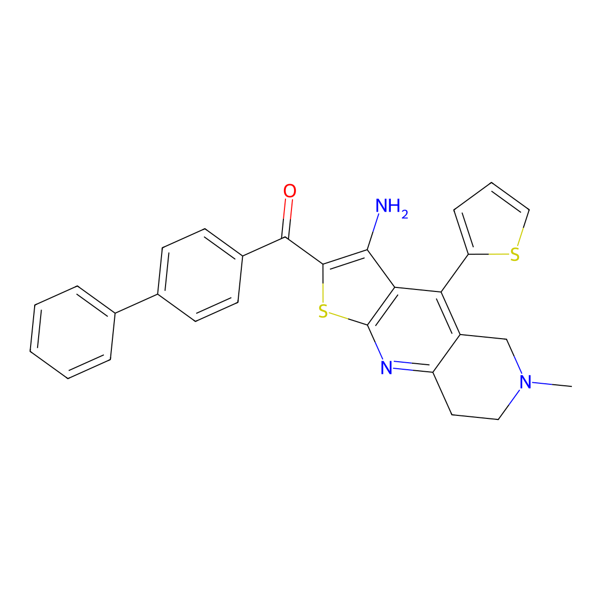 (3-amino-6-methyl-4-thiophen-2-yl-7,8-dihydro-5H-thieno[2,3-b][1,6]naphthyridin-2-yl)-(4-phenylphenyl)methanone molecular structure, CAS 445385-23-9