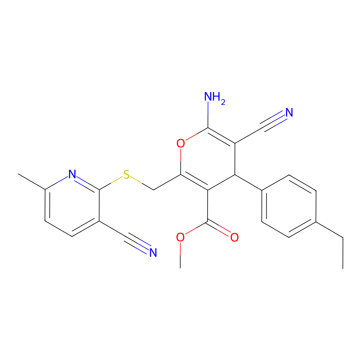 methyl 6-amino-5-cyano-2-[(3-cyano-6-methylpyridin-2-yl)sulfanylmethyl]-4-(4-ethylphenyl)-4H-pyran-3-carboxylate molecular structure, CAS 445385-25-1
