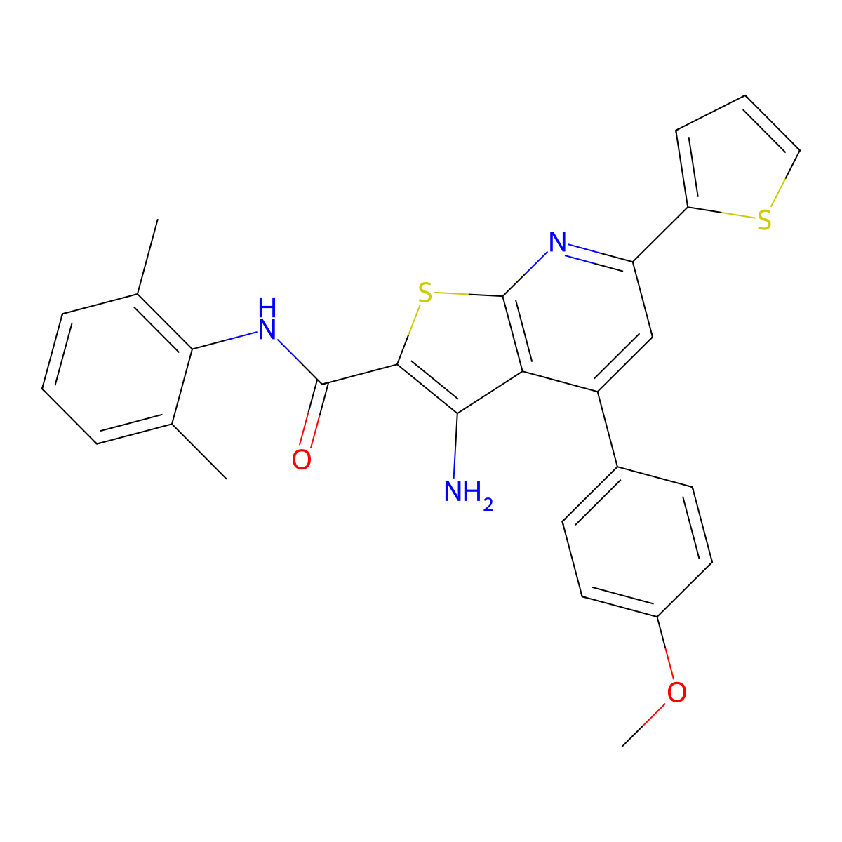 3-amino-N-(2,6-dimethylphenyl)-4-(4-methoxyphenyl)-6-thiophen-2-ylthieno[2,3-b]pyridine-2-carboxamide molecular structure, CAS 445385-26-2