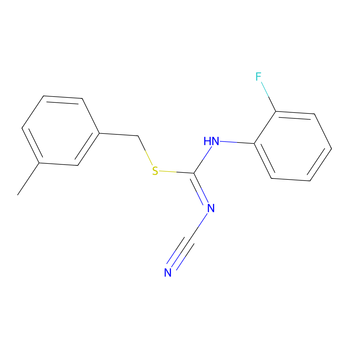(3-methylphenyl)methyl N-cyano-N'-(2-fluorophenyl)carbamimidothioate molecular structure, CAS 445385-33-1