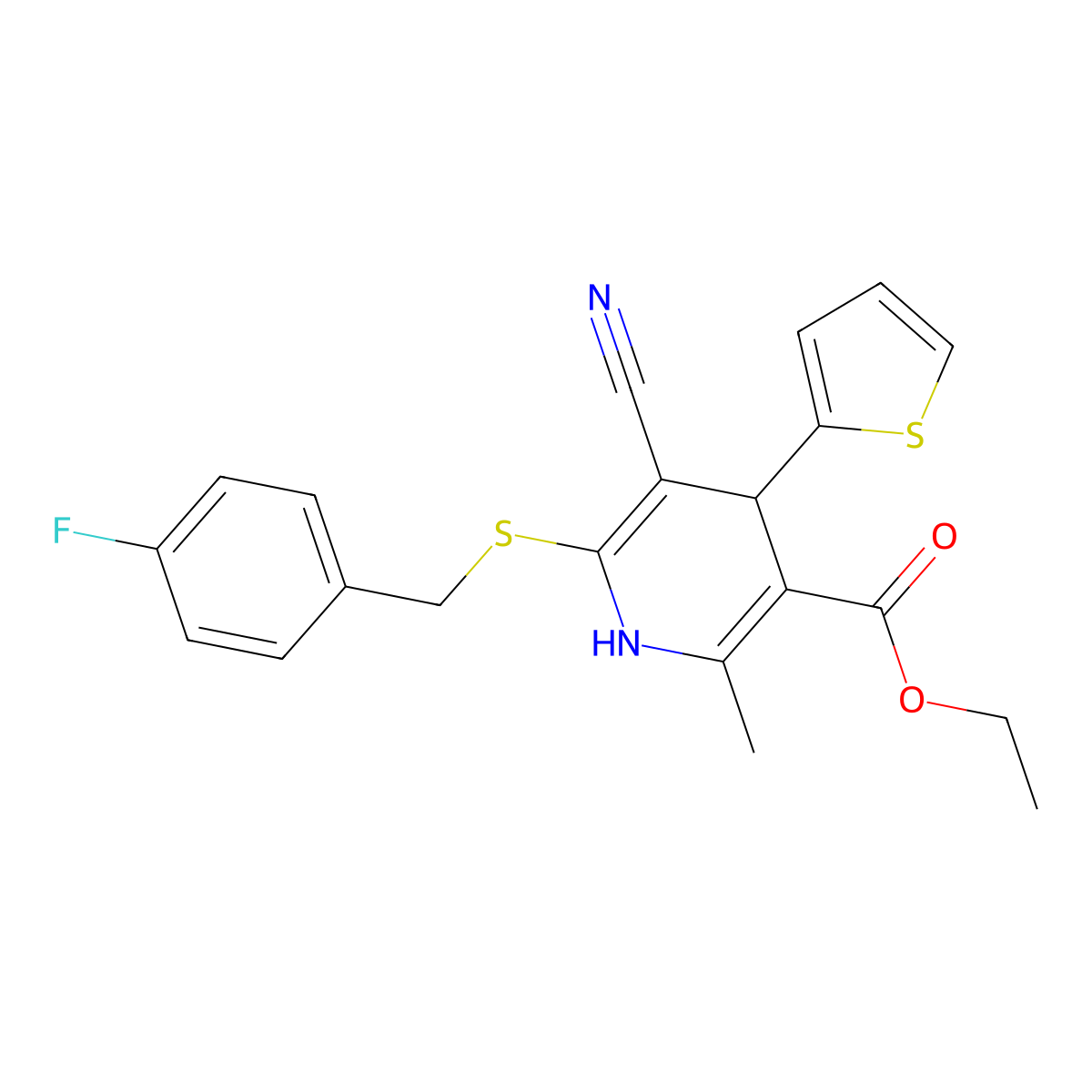 Ethyl 5-cyano-6-[(4-fluorobenzyl)sulfanyl]-2-methyl-4-(2-thienyl)-1,4-dihydro-3-pyridinecarboxylate molecular structure, CAS 445385-91-1