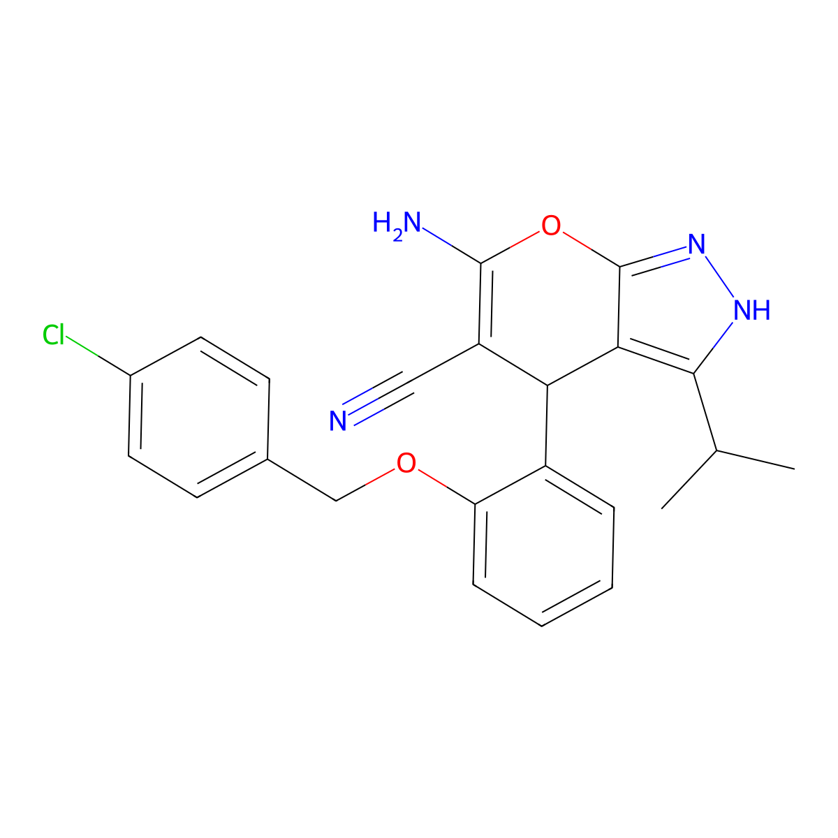 6-Amino-4-(2-{[(4-chlorophenyl)methyl]oxy}phenyl)-3-(1-methylethyl)-2,4-dihydropyrano[2,3-c]pyrazole-5-carbonitrile molecular structure, CAS 445385-98-8