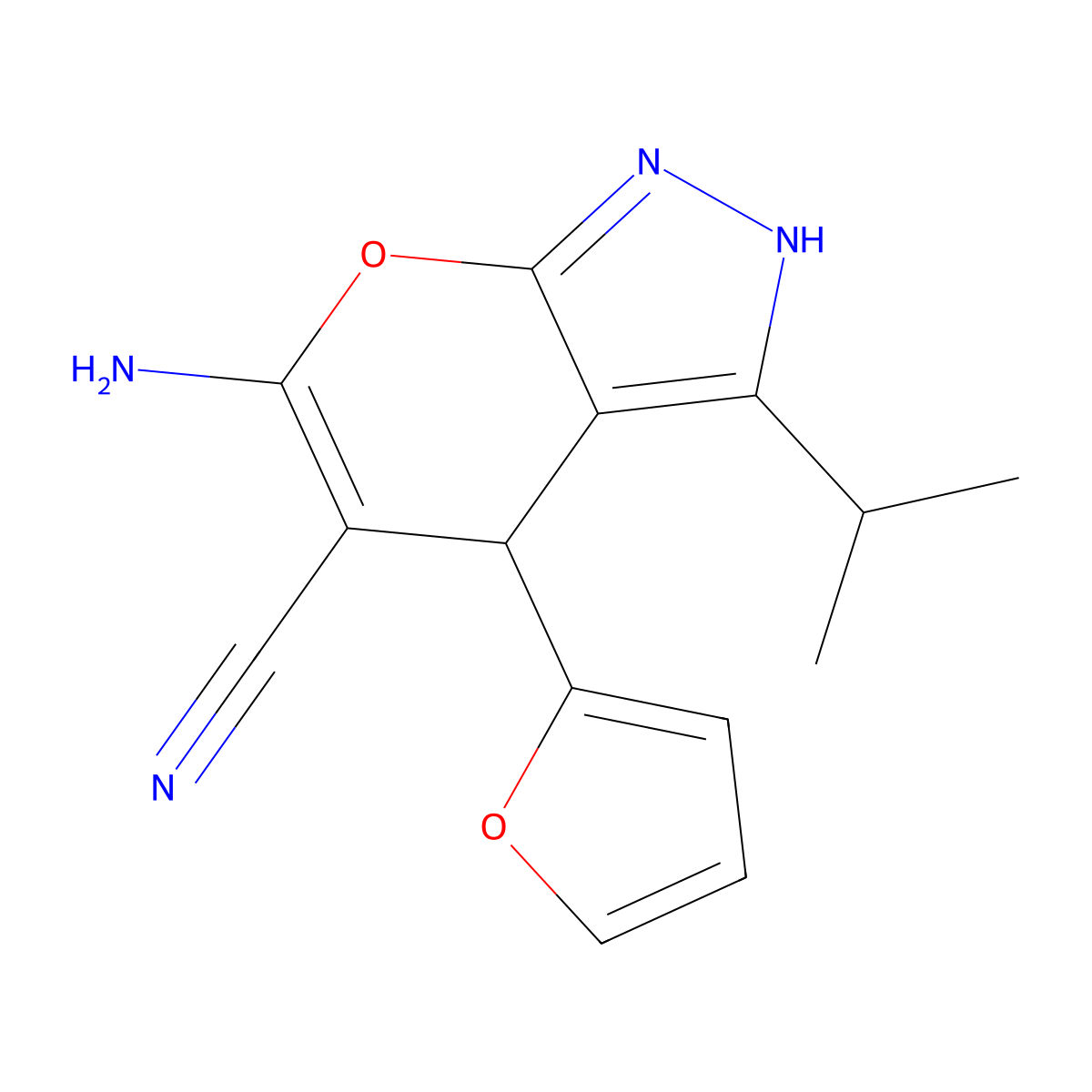 6-Amino-4-(2-furanyl)-3-propan-2-yl-2,4-dihydropyrano[2,3-c]pyrazole-5-carbonitrile molecular structure, CAS 445390-56-7