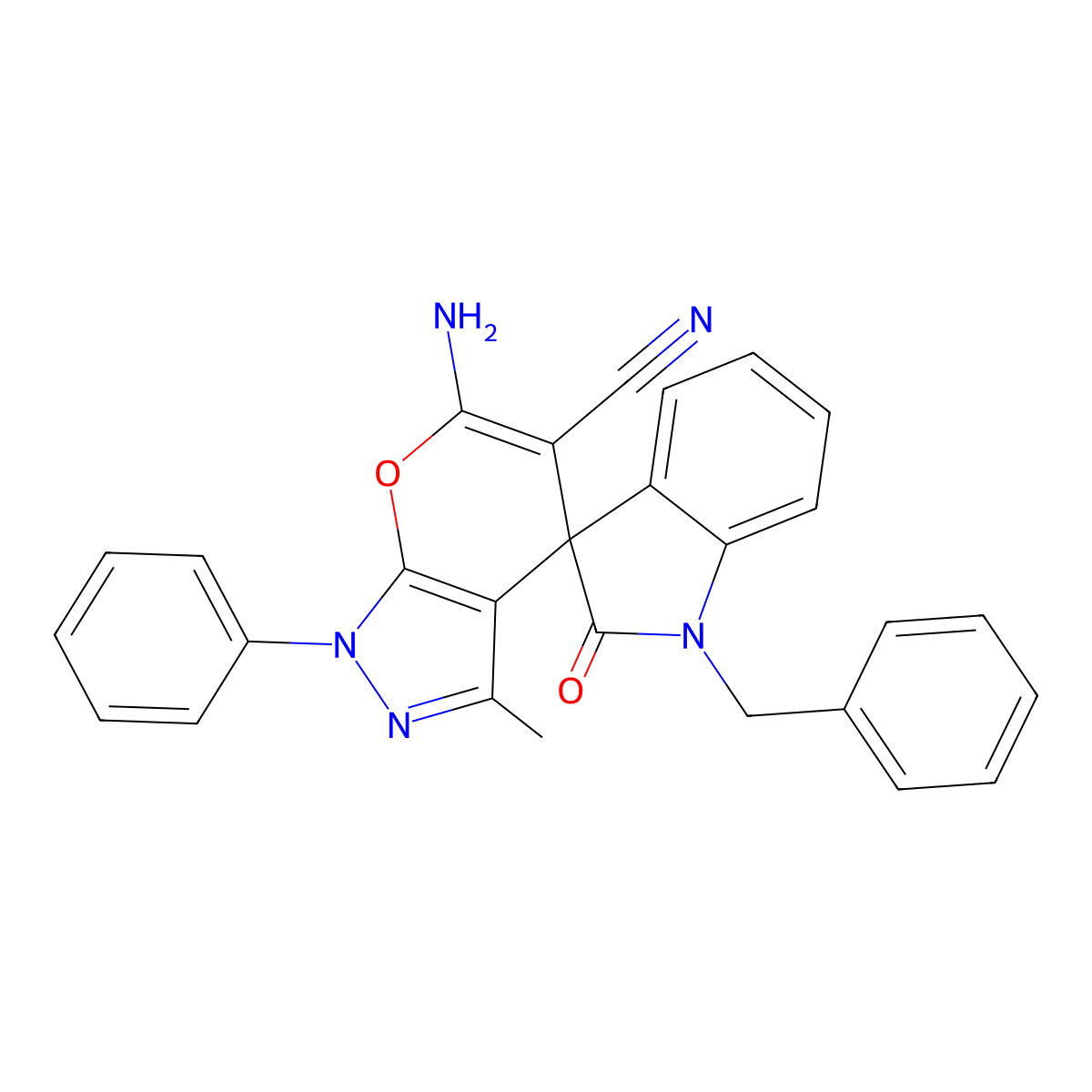6'-Amino-1-benzyl-3'-methyl-2-oxo-1'-phenyl-1'H-spiro[indoline-3,4'-pyrano[2,3-c]pyrazole]-5'-carbonitrile molecular structure, CAS 445390-57-8