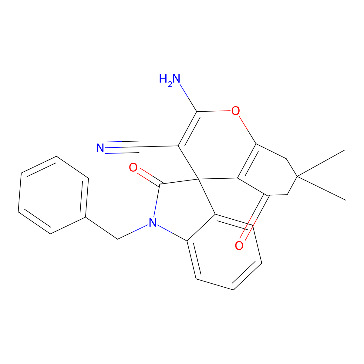 2-Amino-1'-benzyl-7,7-dimethyl-2',5-dioxo-1',2',5,6,7,8-hexahydrospiro[chromene-4,3'-indole]-3-carbonitrile molecular structure, CAS 445390-58-9