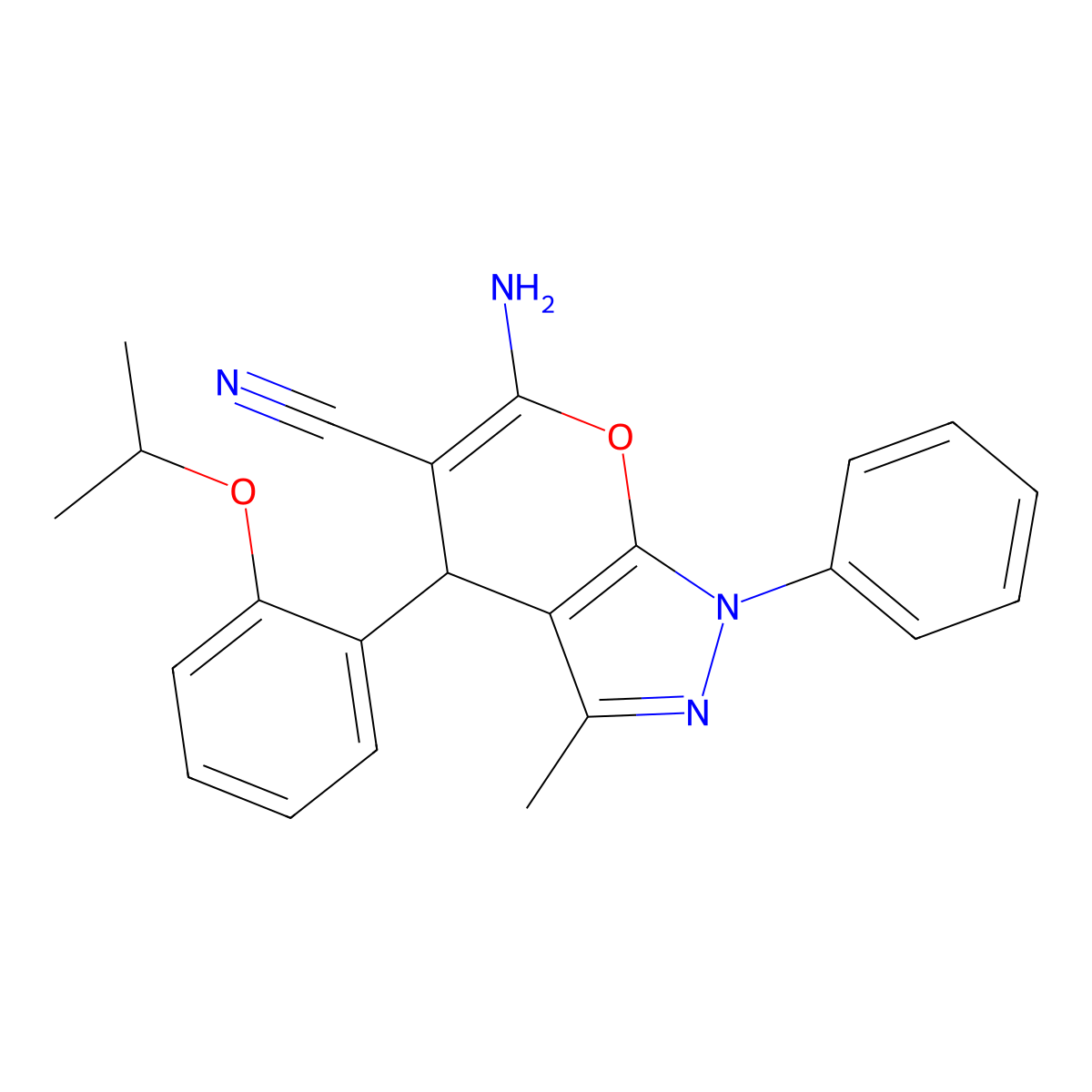 6-amino-3-methyl-1-phenyl-4-(2-propan-2-yloxyphenyl)-4H-pyrano[2,3-c]pyrazole-5-carbonitrile molecular structure, CAS 445390-60-3